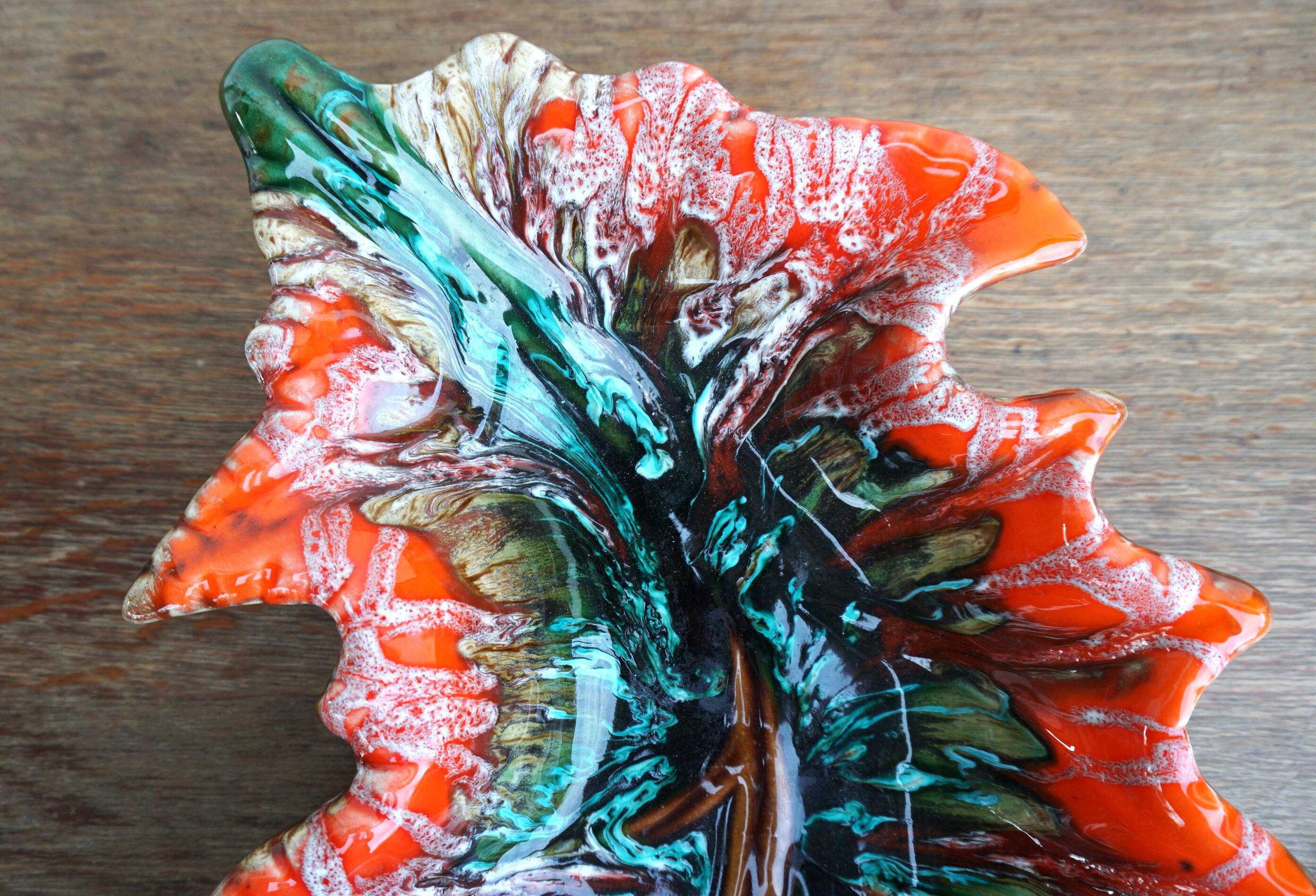 large vintage Vallauris ceramic fruit bowl in leaf shape