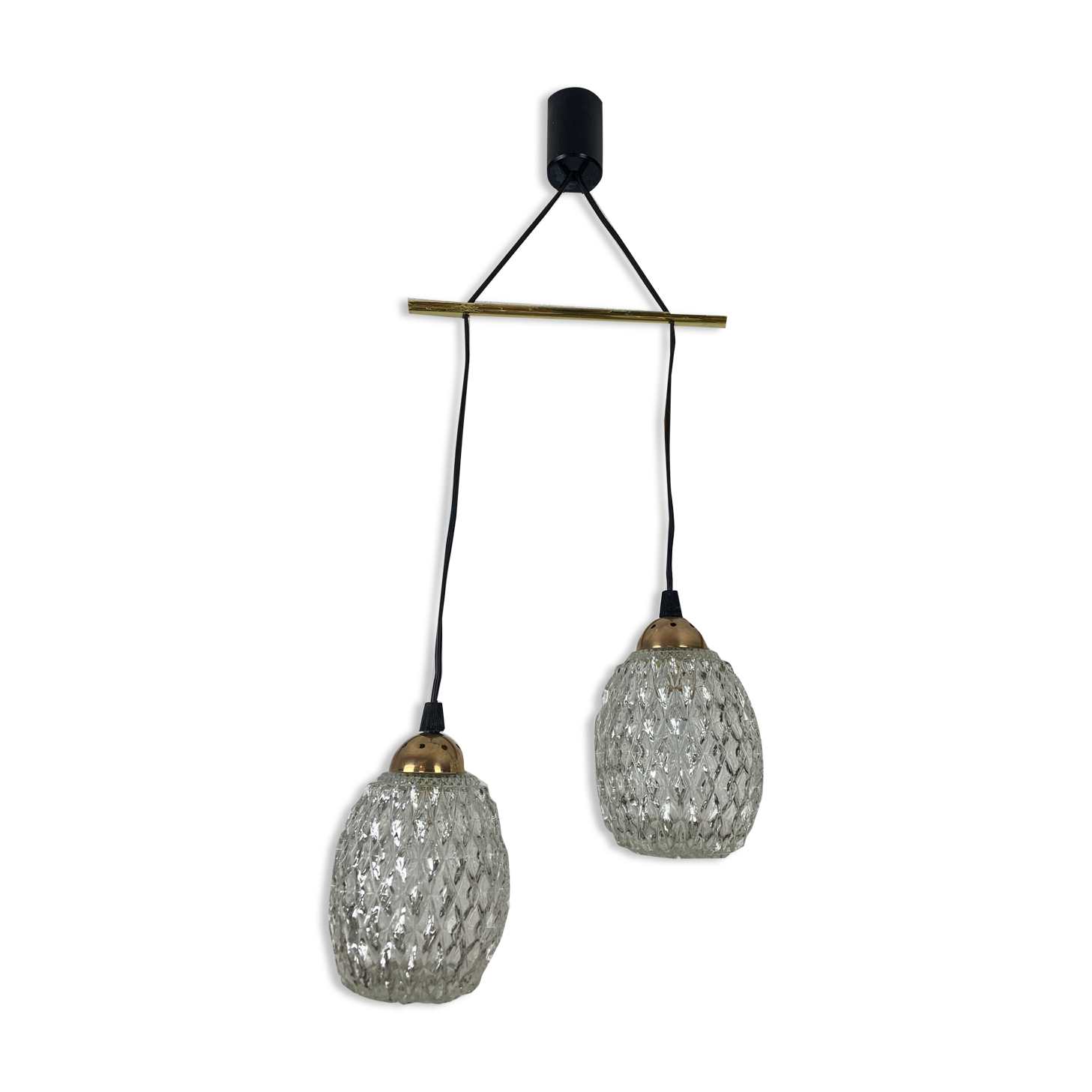Suspension globes 2 lights, glass and brass, 50s