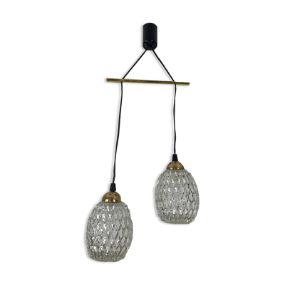 Suspension globes 2 feux, verre et laiton, années 50