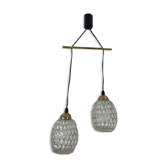 Suspension globes 2 lights, glass and brass, 50s