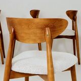 Set of 6 Dining Chairs, Light Beech Wood, White Bouclè Fabric, Modern 