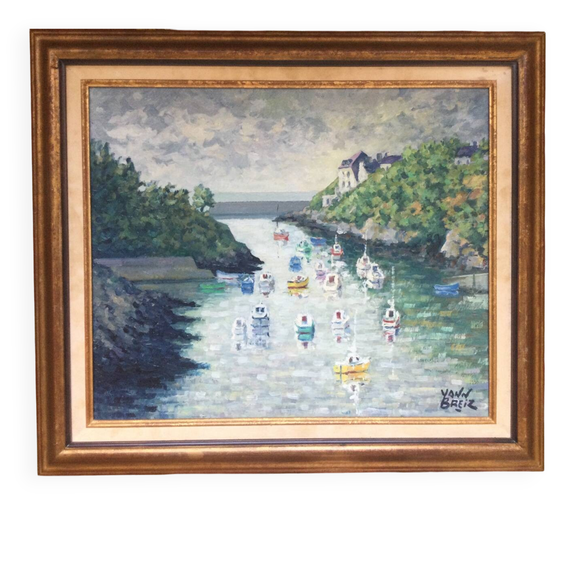 Oil on canvas by yann breiz (1923-2018). the port of brigneau, 1998.