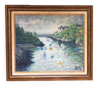 Huile sur toile de yann breiz (1923-2018).le port de brigneau,1998.