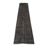 Distressed turkish narrow runner 290 x 60 cm wool vintage rug, overdyed black