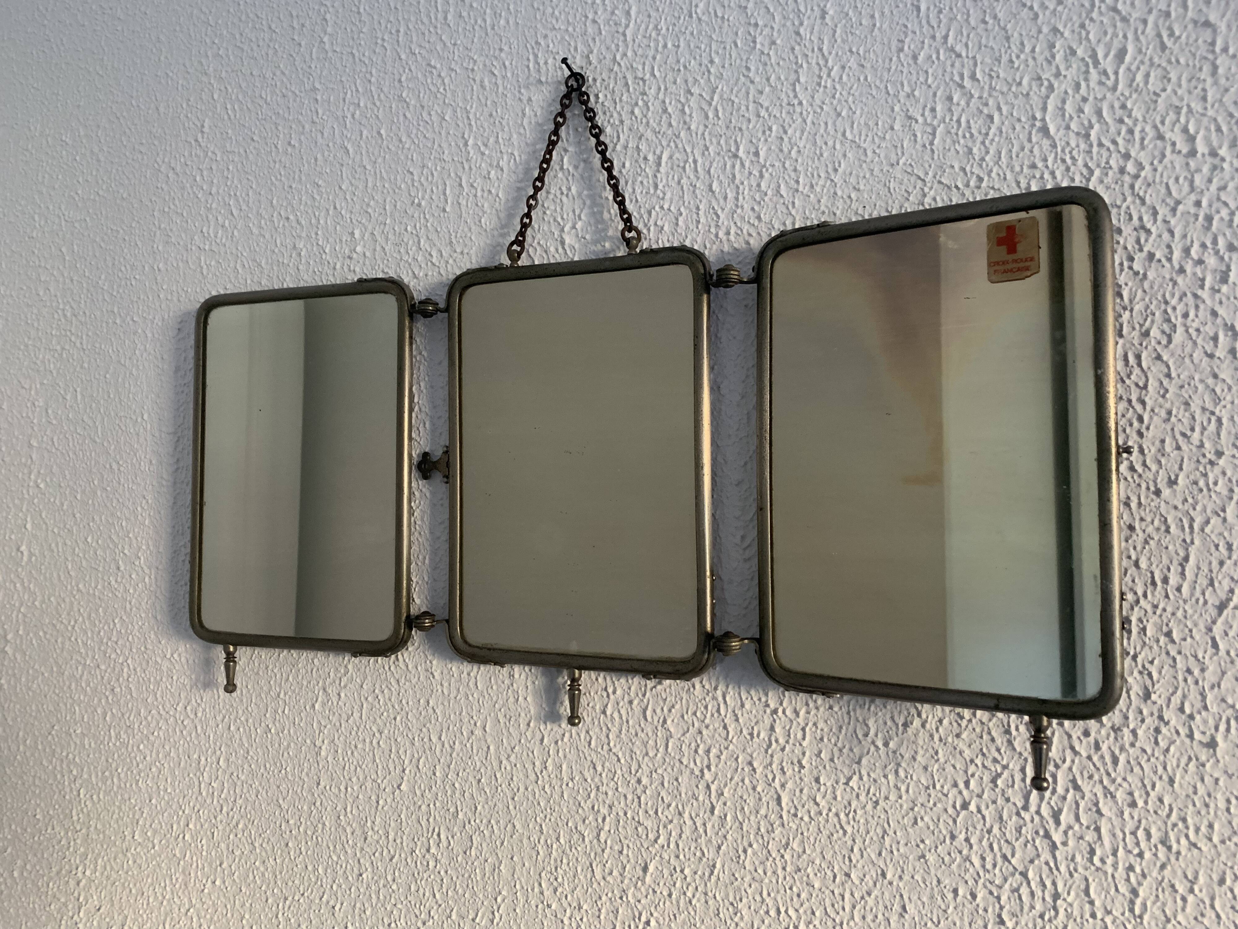 Miroir vintage 1910 triptyque barbier Art Déco armée - 24 x 51 cm