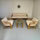 Complete living room with rattan sofa and white bouclette, brass finish, 80's design
