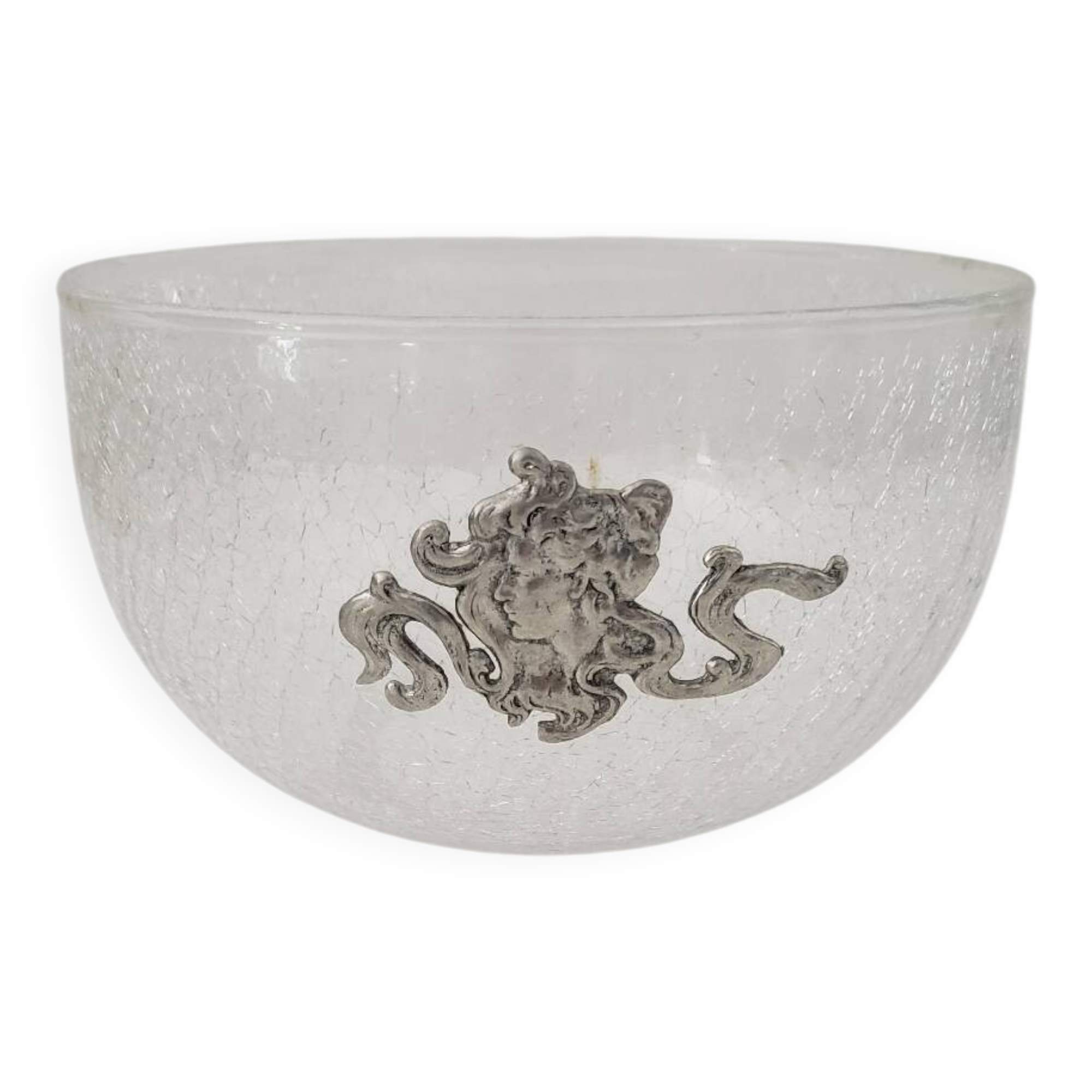 Salad bowl in cracked glass with silver decoration