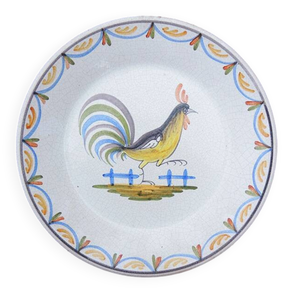 Ancienne assiette creuse coq en céramique de Nevers