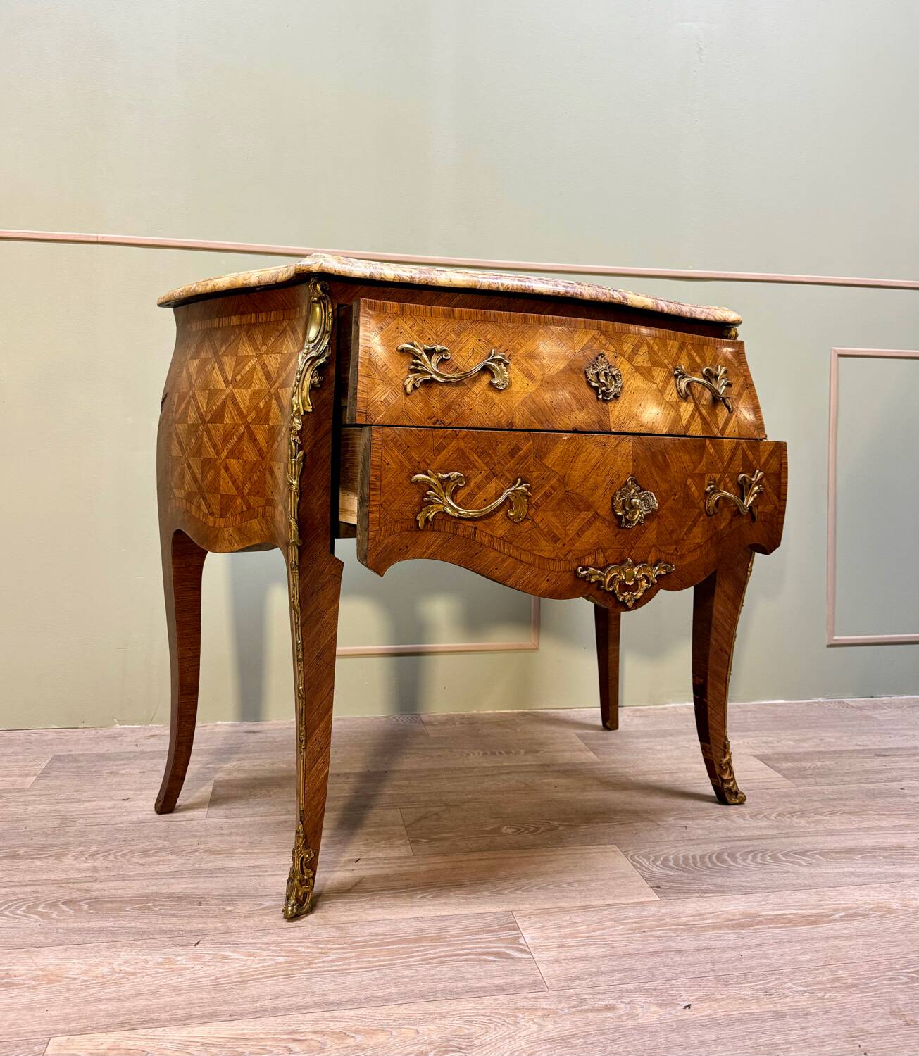 Curved sauteuse commode in stamped marquetry louis xv style xix eme century