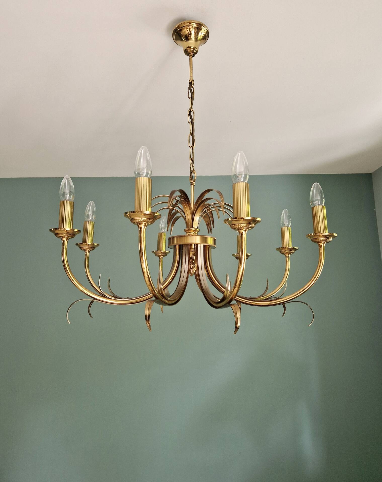 Brass chandelier, pineapple leaf decoration, Boulanger, 1970