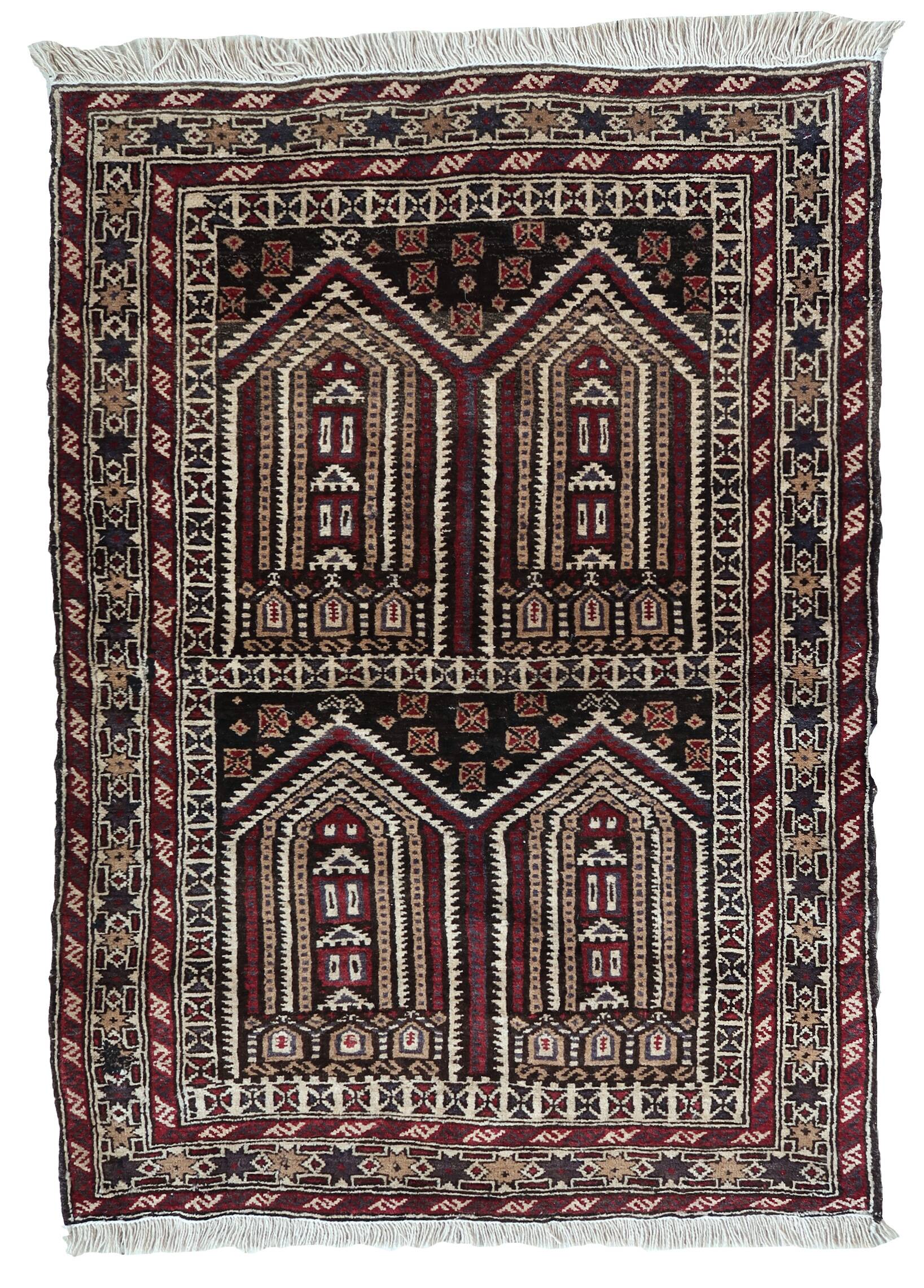 Tapis de prière vintage afghan Baluch fait main en laine – 95 x 142 cm