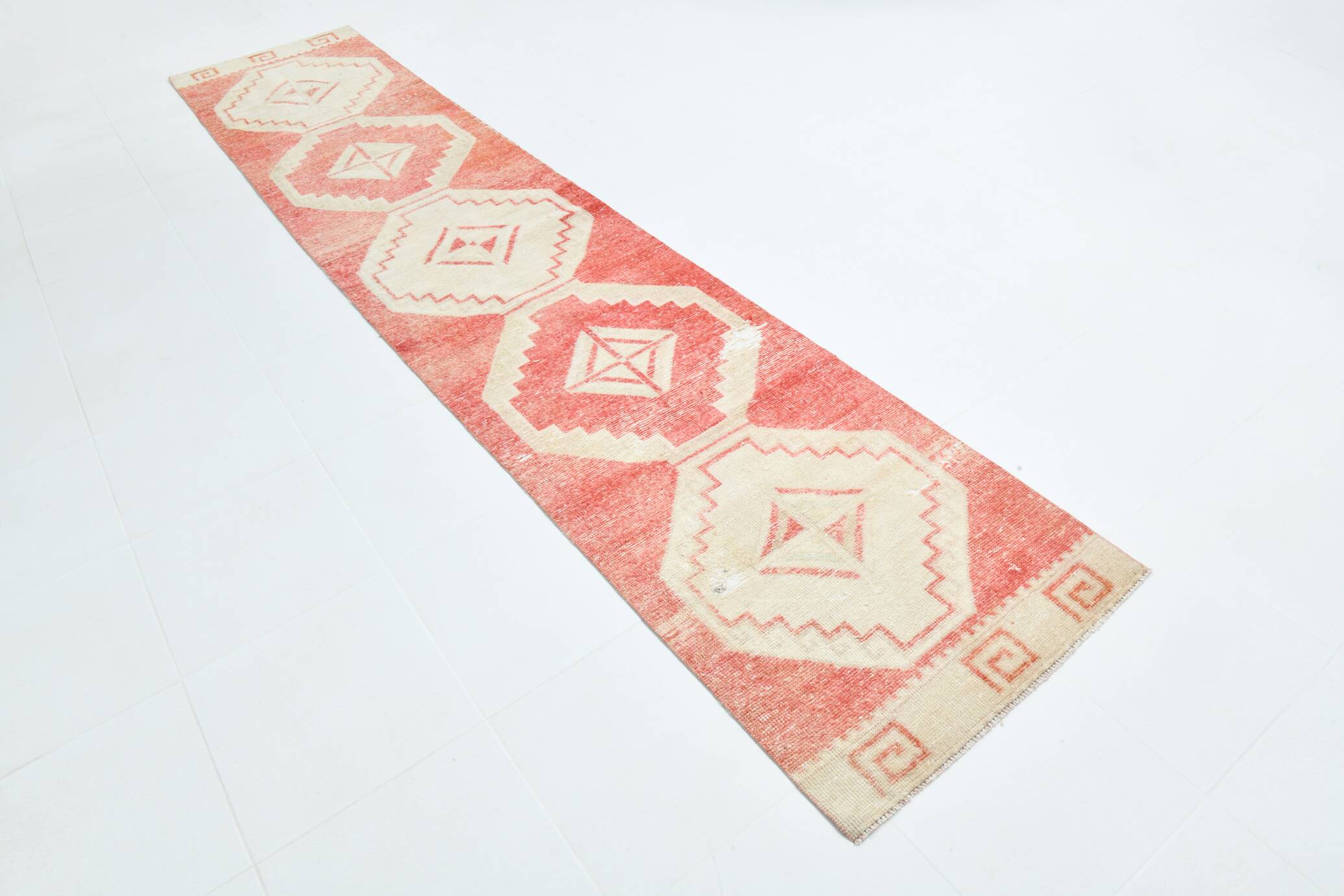 3x13 Vintage Soft Red & Beige Turkish Runner Rug, 77x379Cm