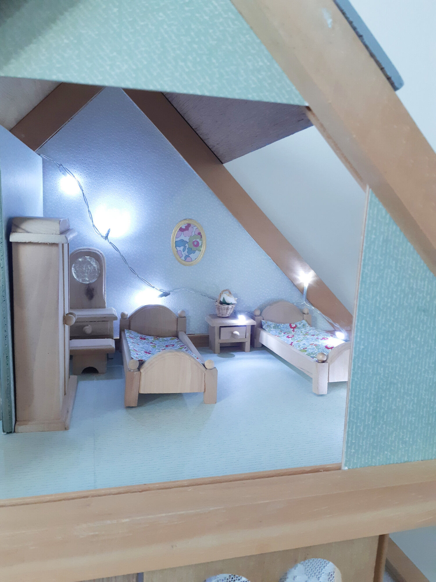 Wooden dollhouse, revamped, furnished, vintage French