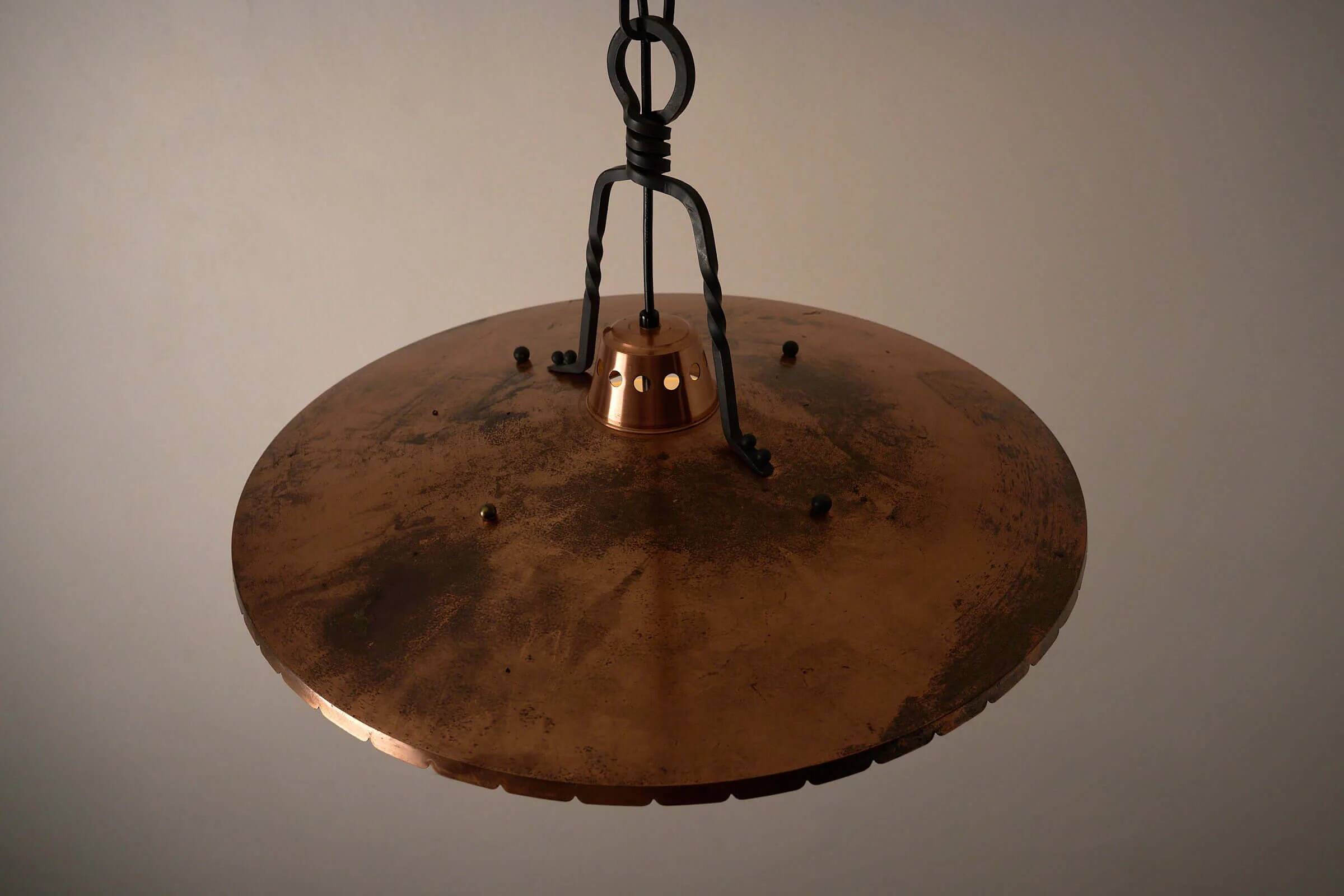 Wrought iron and copper pendant lamp with textured glass diffuser