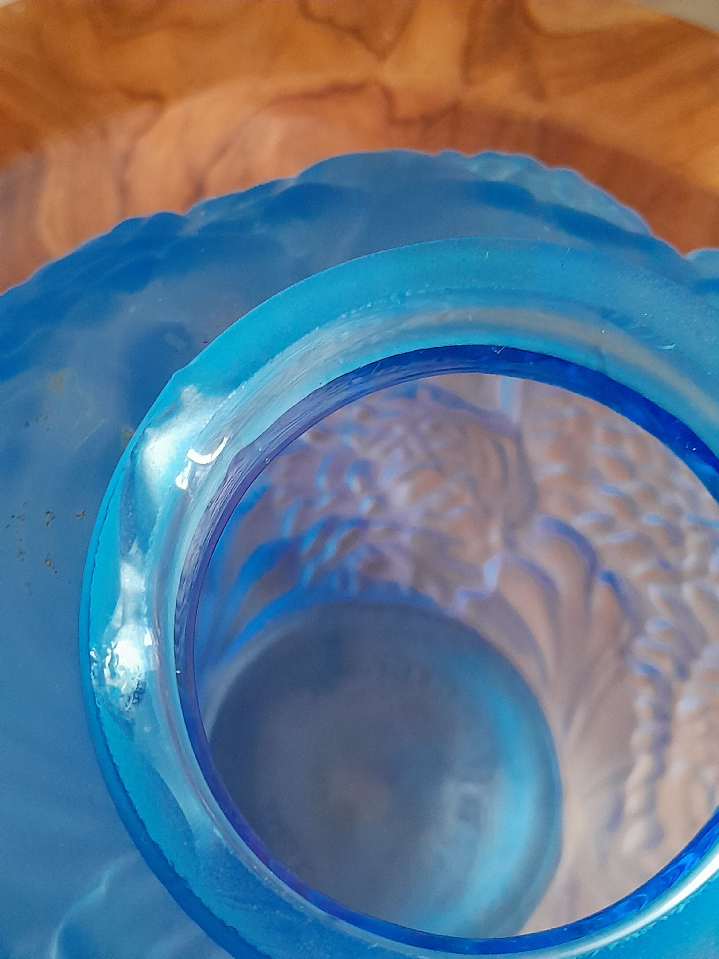 Pair of vases art deco glass blue pattern flower chrysanthemums