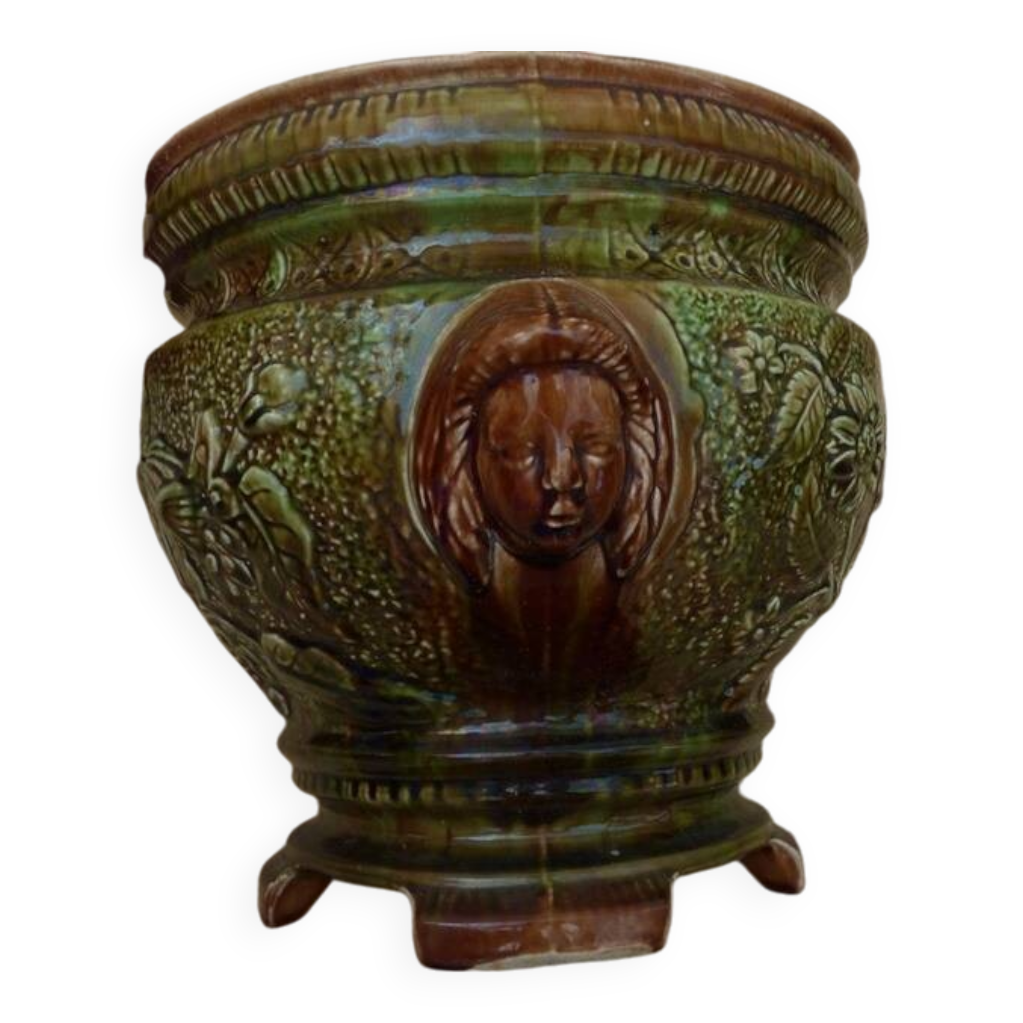 Old earthenware cachepot with woman decoration