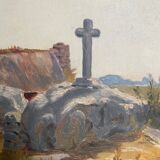 Huile sur carton 1930 représentant un calvaire breton et une chaumière