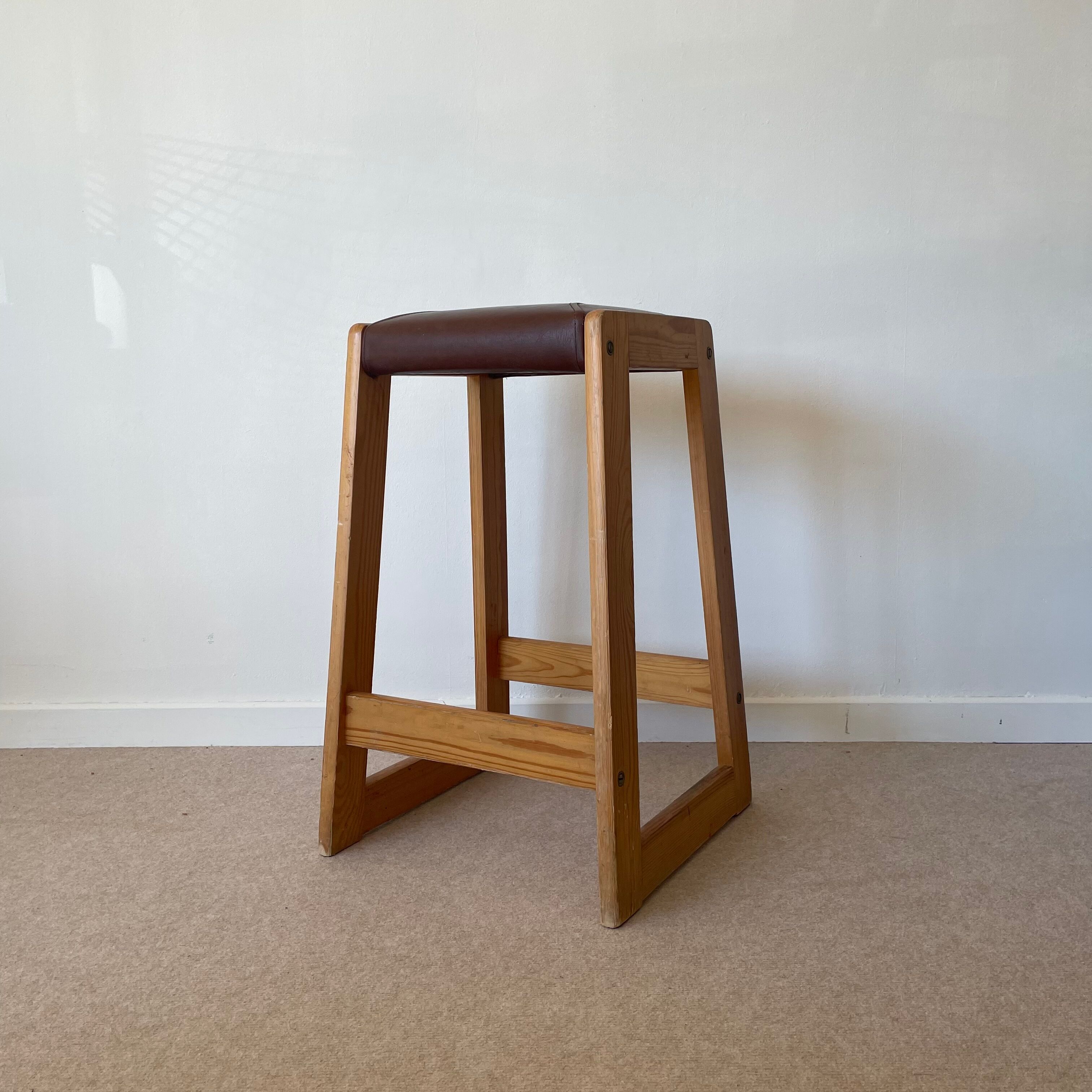 Pine and leather stool Eastern Europe