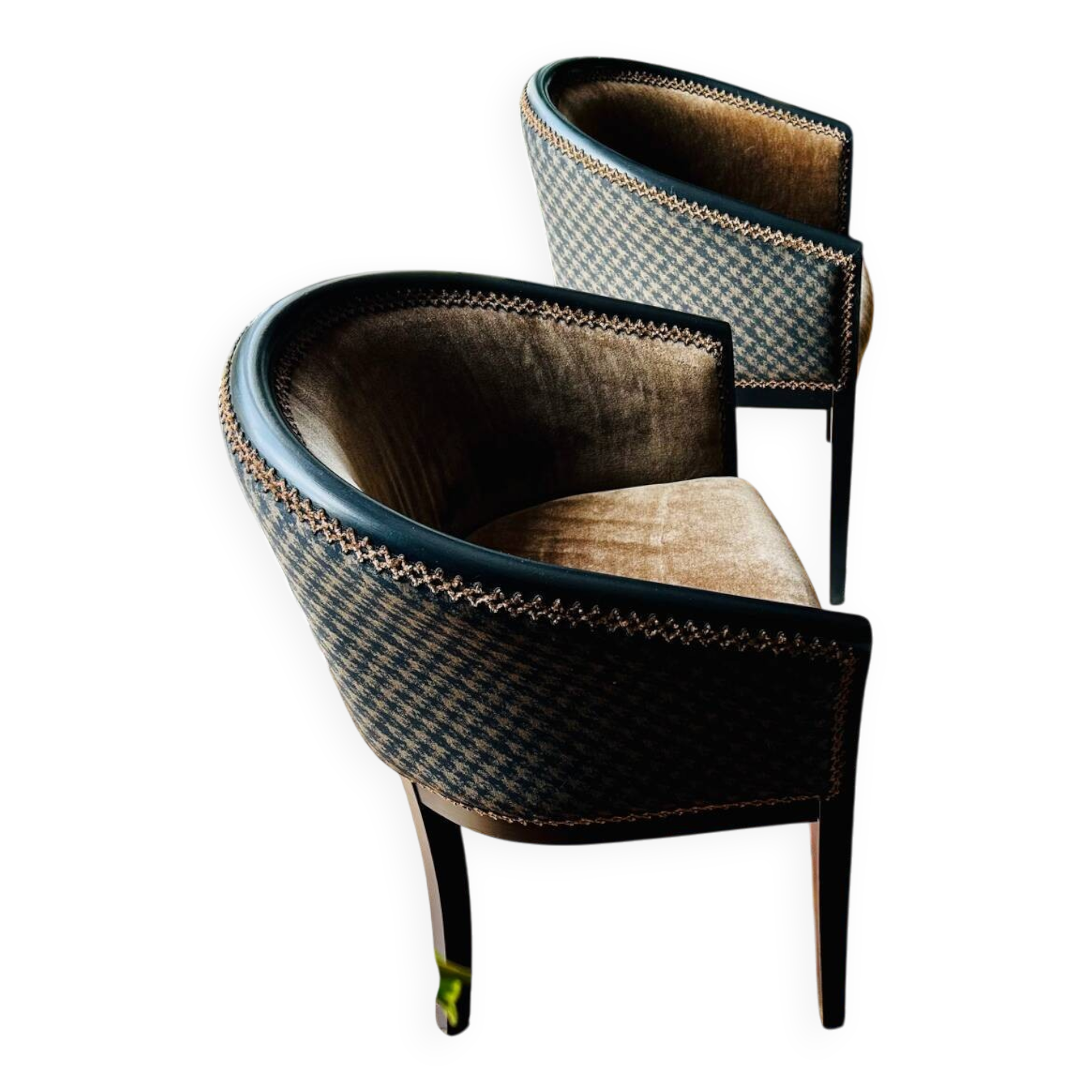 Pair of Art Deco barrel chairs in black and bronze