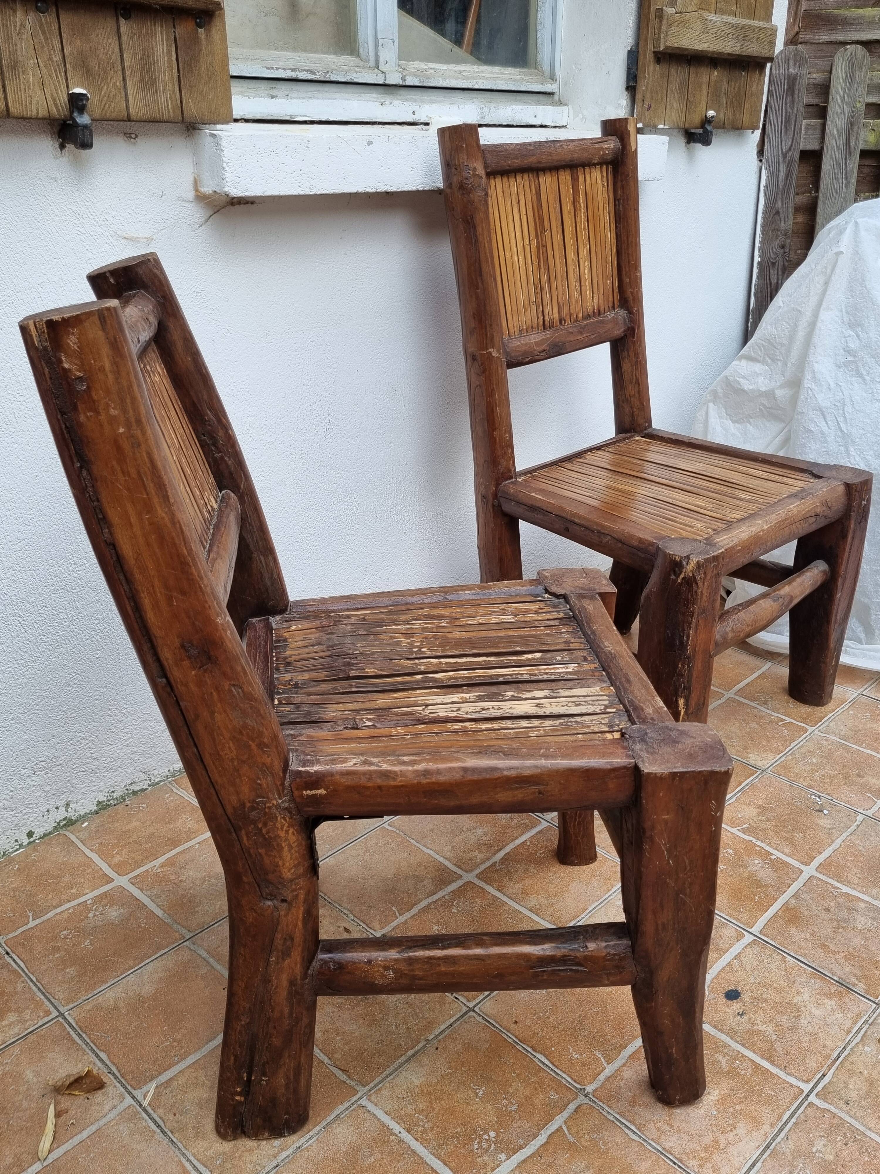 Pair of solid wood and bamboo chairs, brutalist style, 90 cm