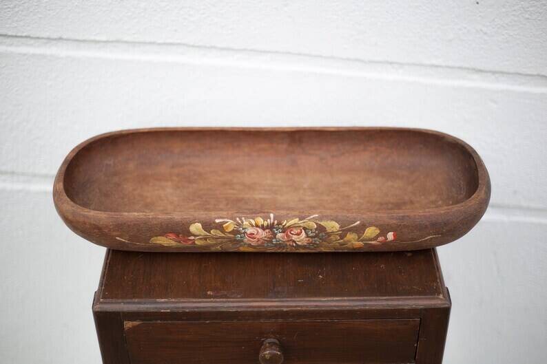 Vintage wooden basket, wooden basket with flower patterns, hand painted signed, kitchen, fruit bowl