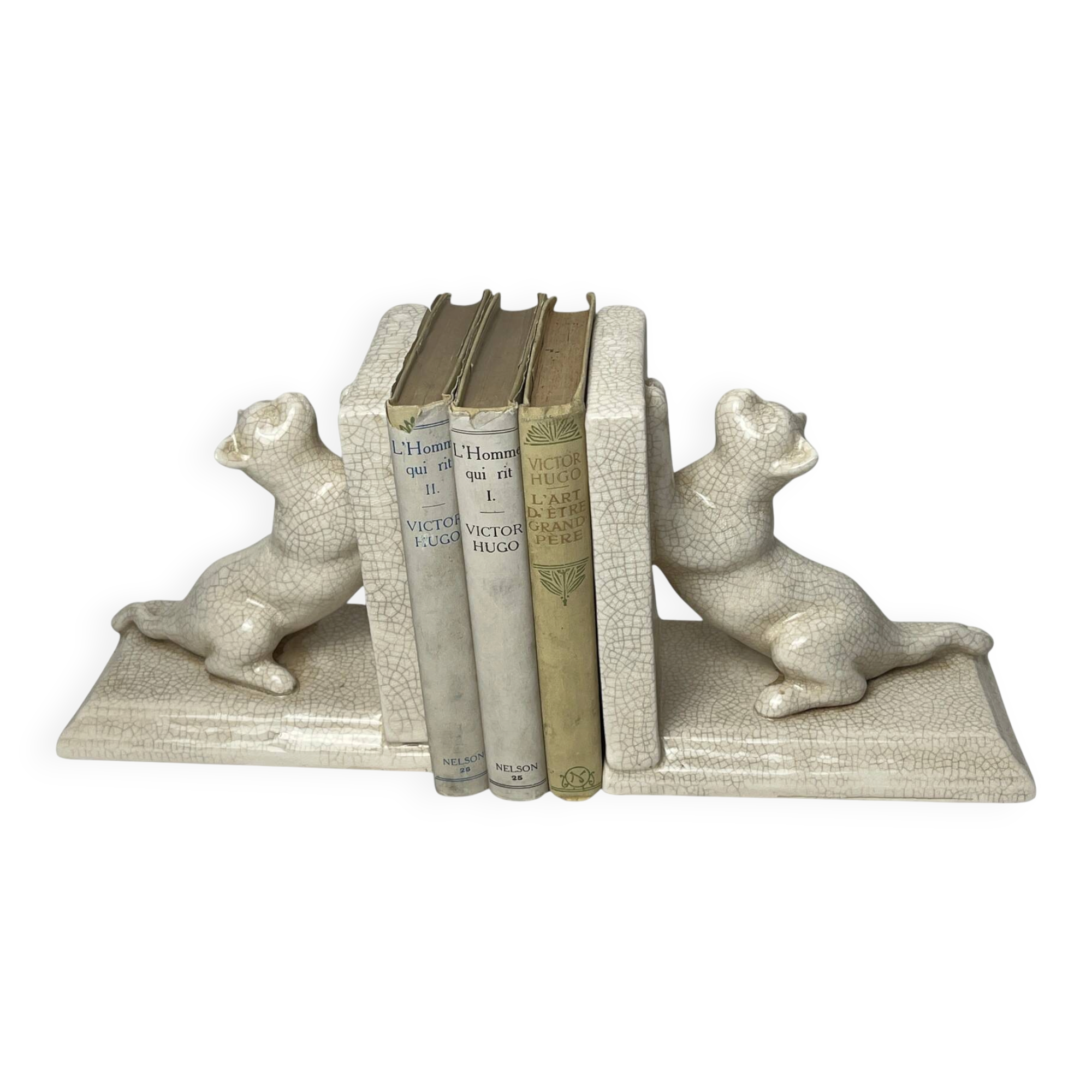 Art Deco, pair of crackled earthenware bookends featuring cats from Louvière around 1930.