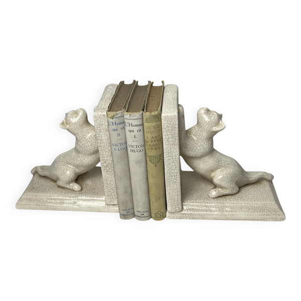 Art déco, paire serre-livres faïence craquelé chats Louvière vers 1930