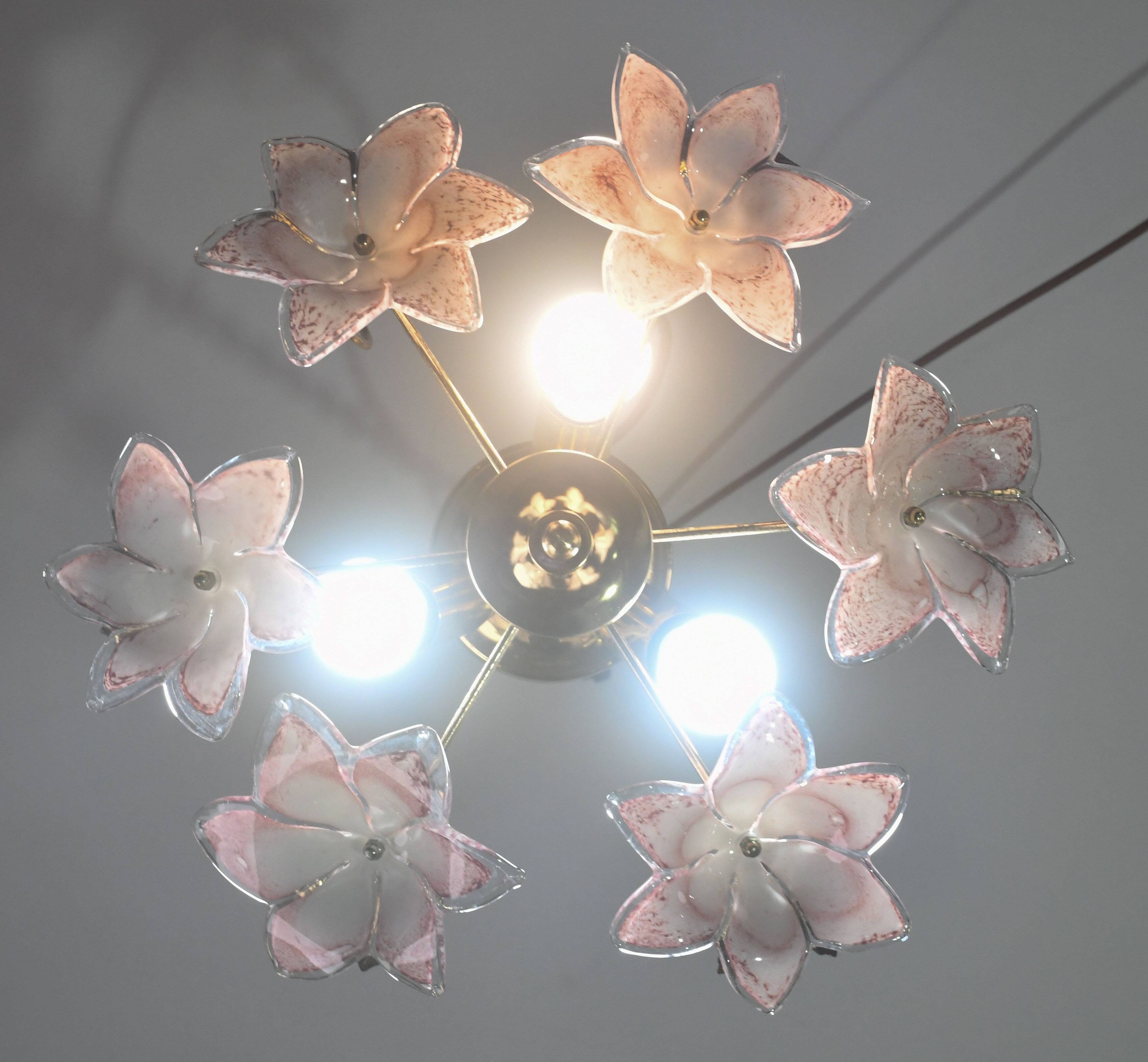 Set of 3 Charming Murano Vintage Ceiling Light Pink Flowers, 1970s