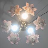 Set of 3 Charming Murano Vintage Ceiling Light Pink Flowers, 1970s