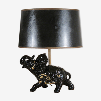 Lampe éléphant en céramique émaillée noir et dorure or 1950