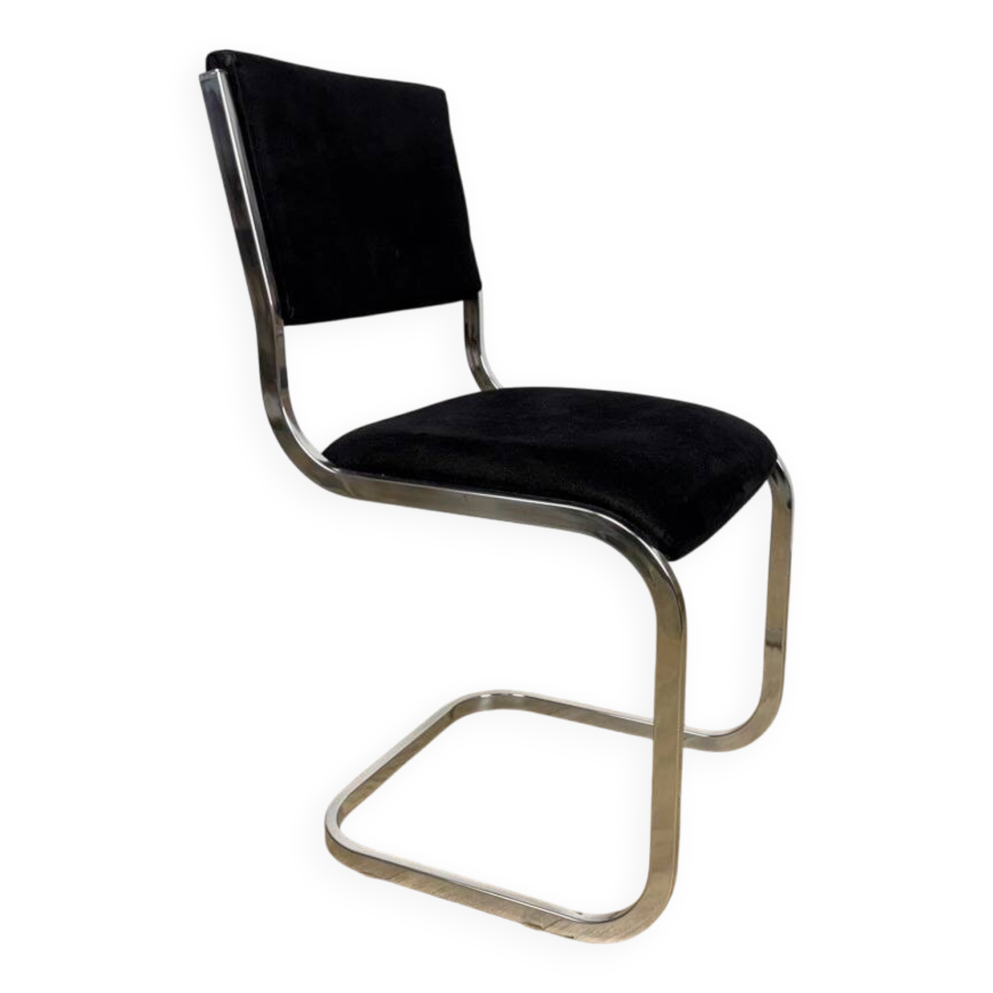 Chrome and black velvet sled chair from the 70s in Italy