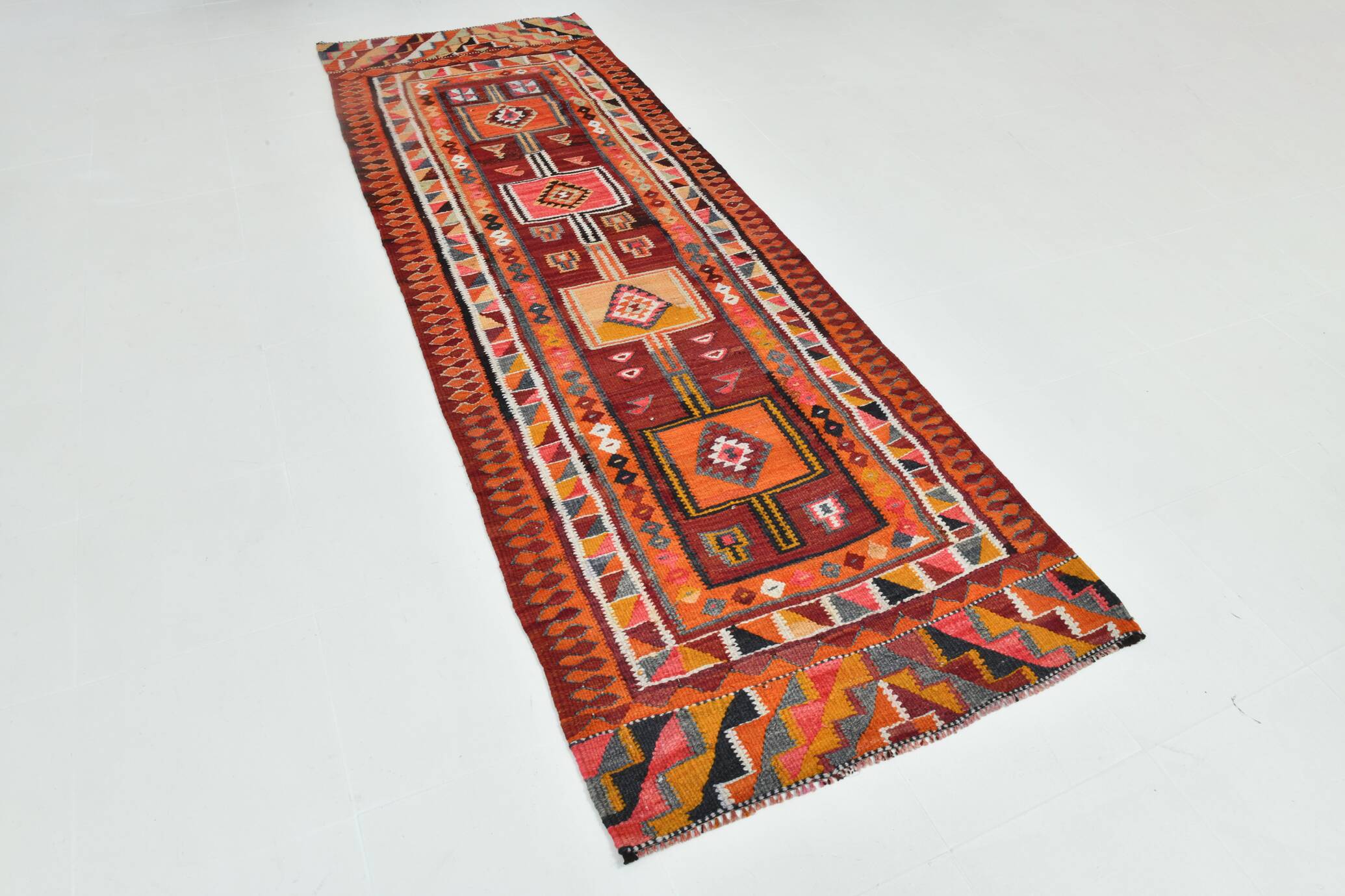4x11 Kilim Long Wide Dark Red Handwoven Vintage Kilim Runner Rug, 104x317
