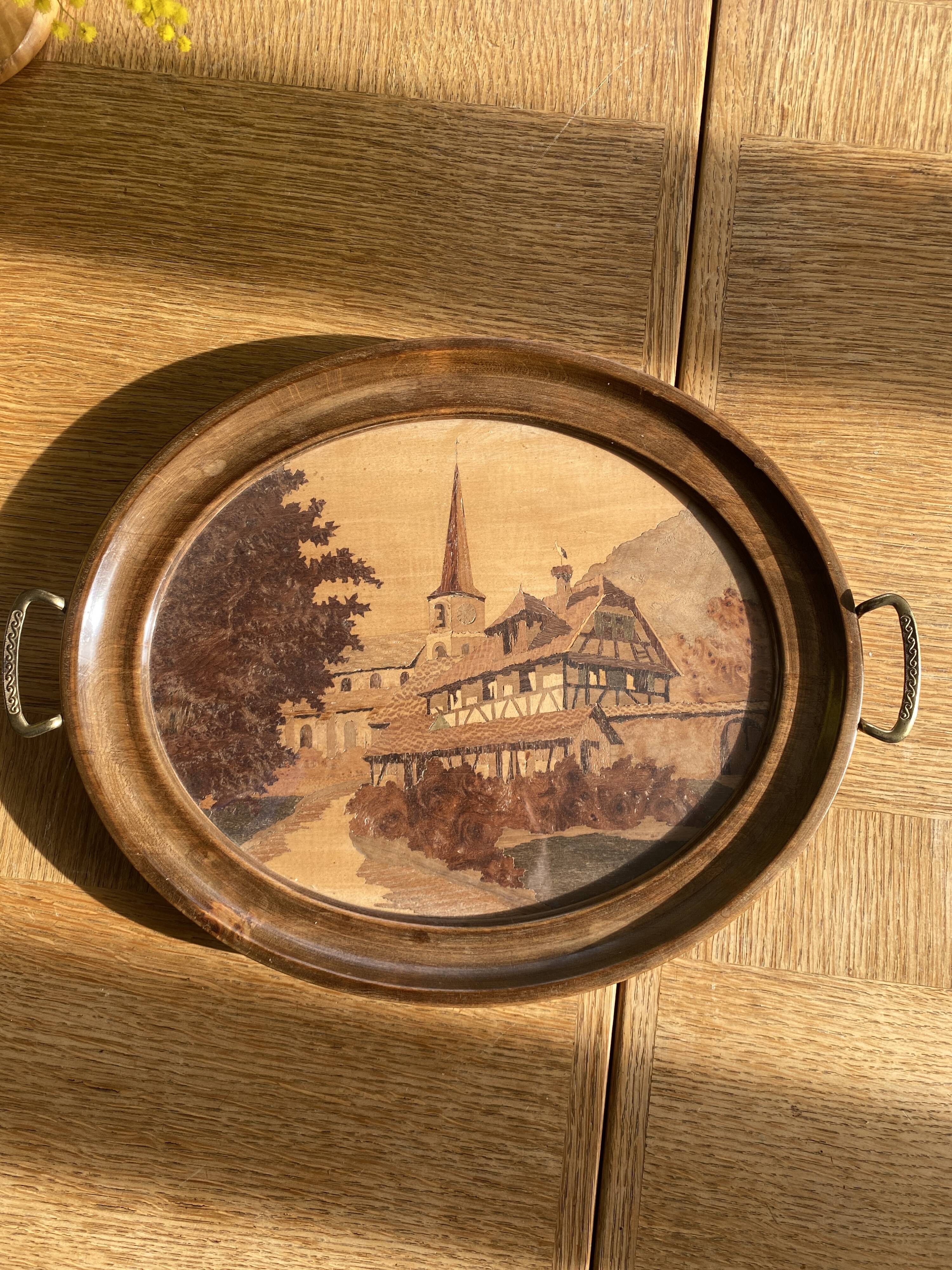 Service tray in marquetry