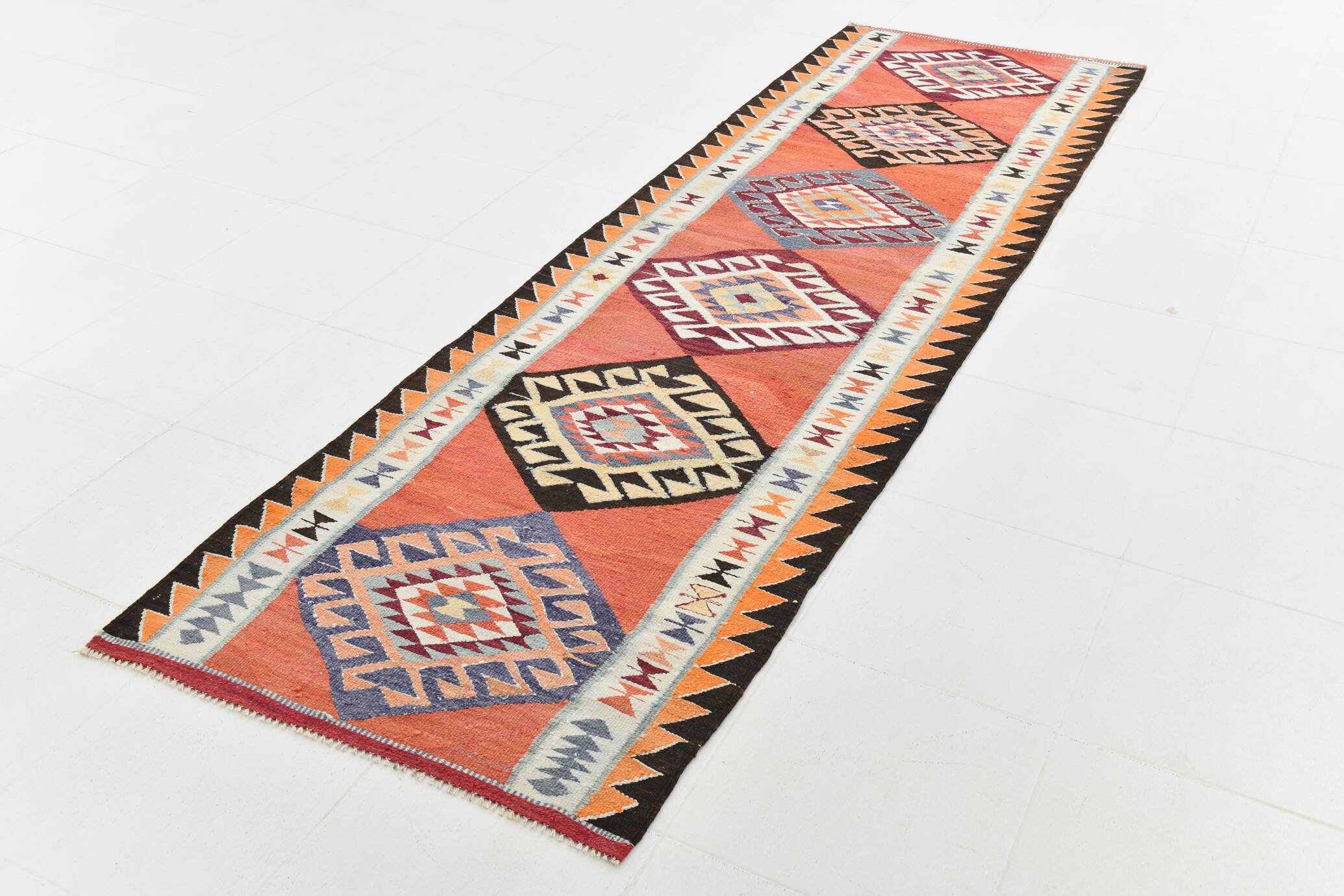 3x10 Turkish Orange & Burgundy Kilim Runner Rug, 92x302Cm