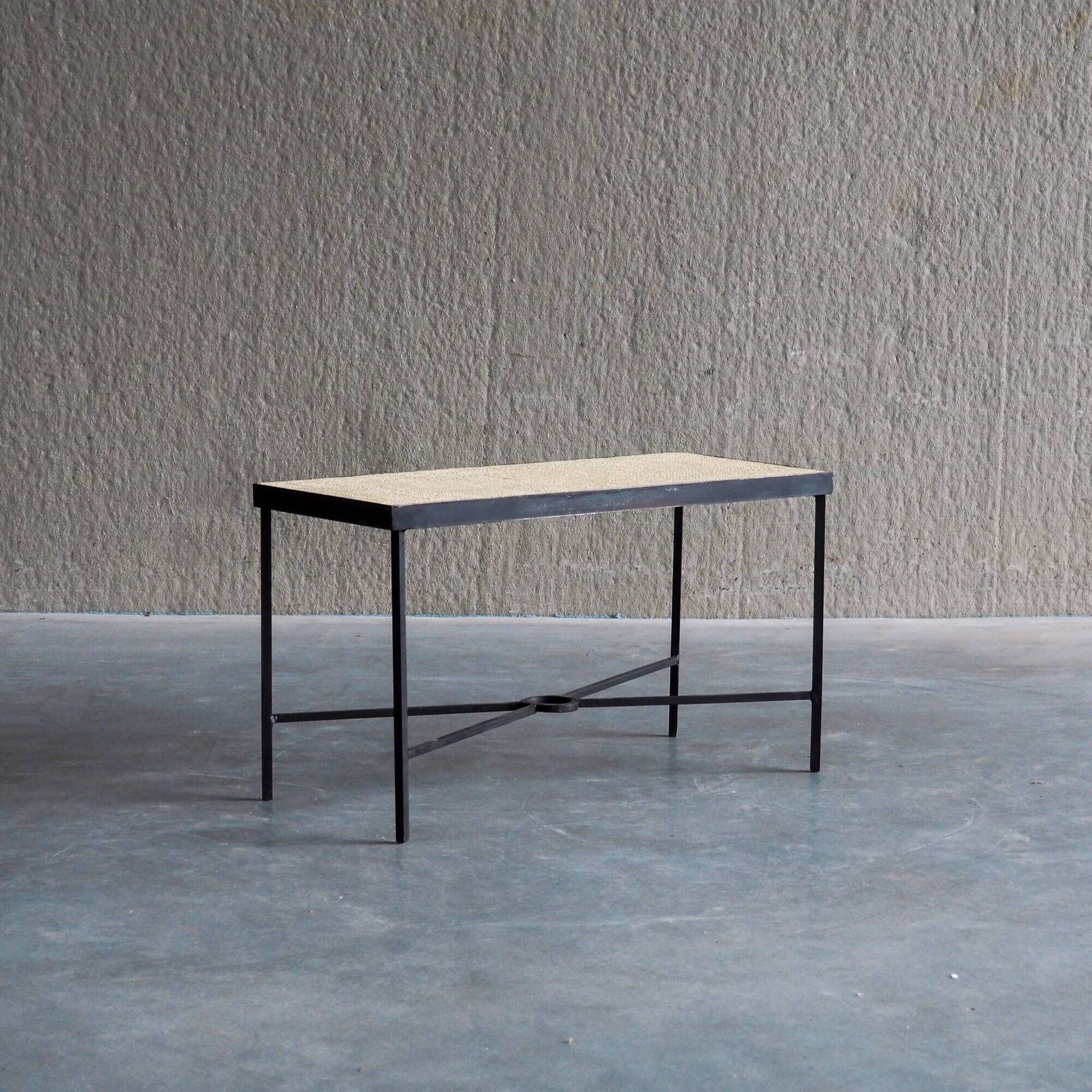 Set of 2 minimalist metal side tables with plaster-fiber tops