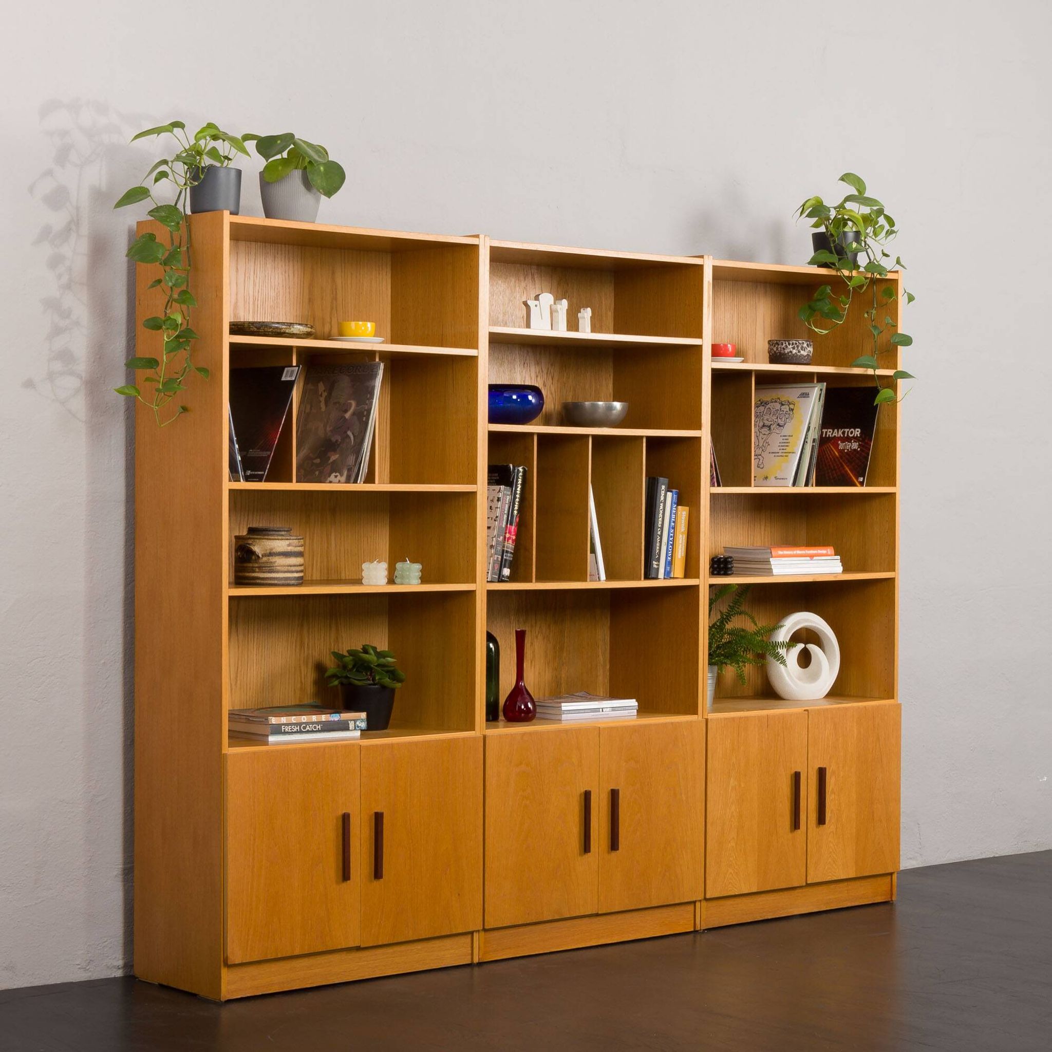 Ib Kofod Larsen Danish oak 3 modules bookshelf vinyl records shelves for Faarup, Denmark, 80s