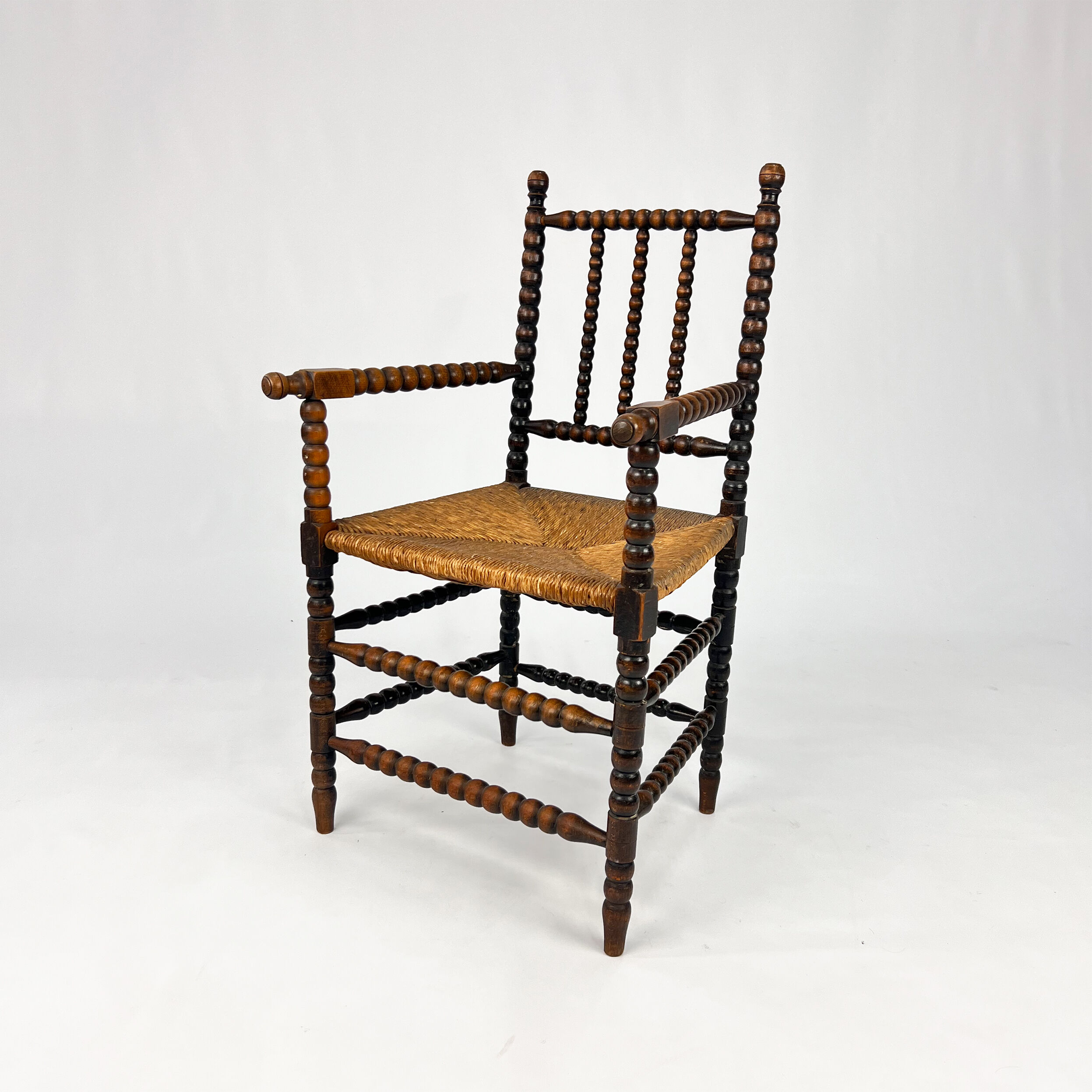 Stained beechwood bobbin armchair in jacobean style, 1900s