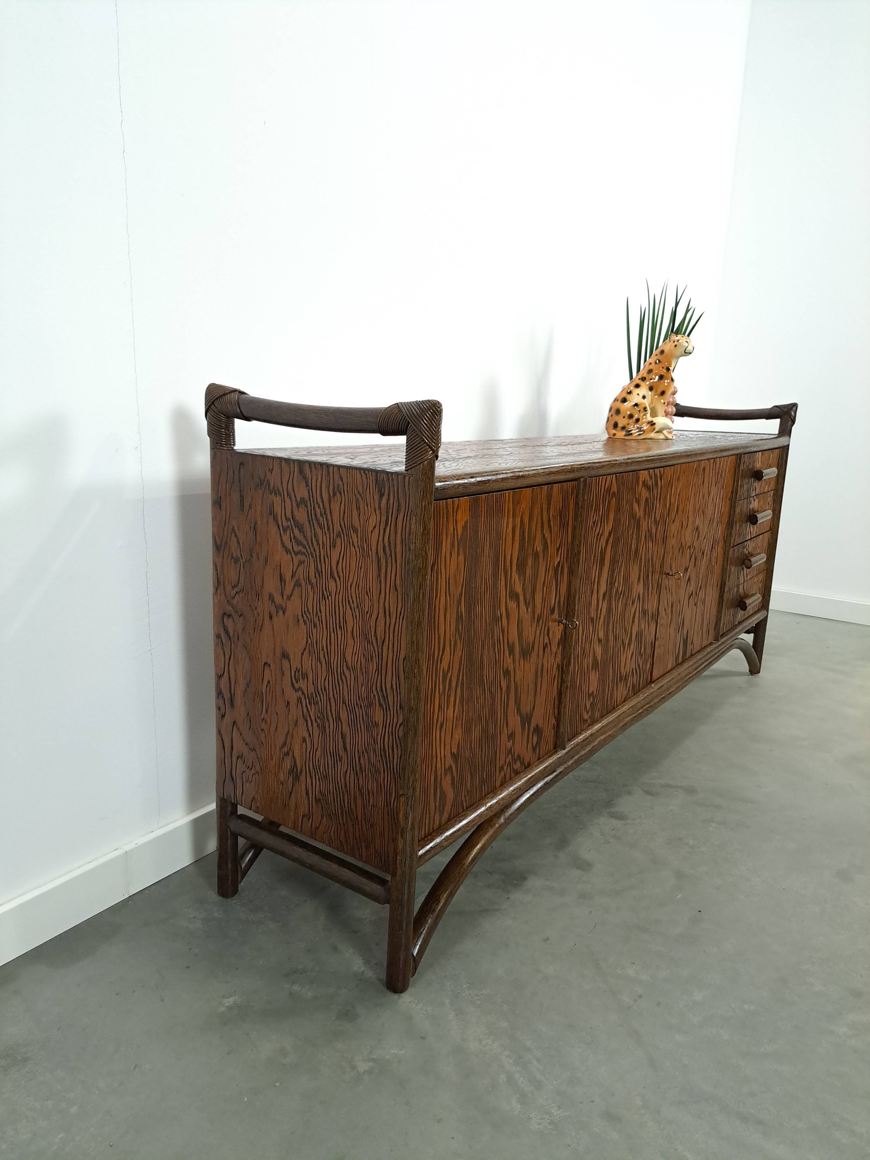 Hout met bamboe dressoir met lades vintage