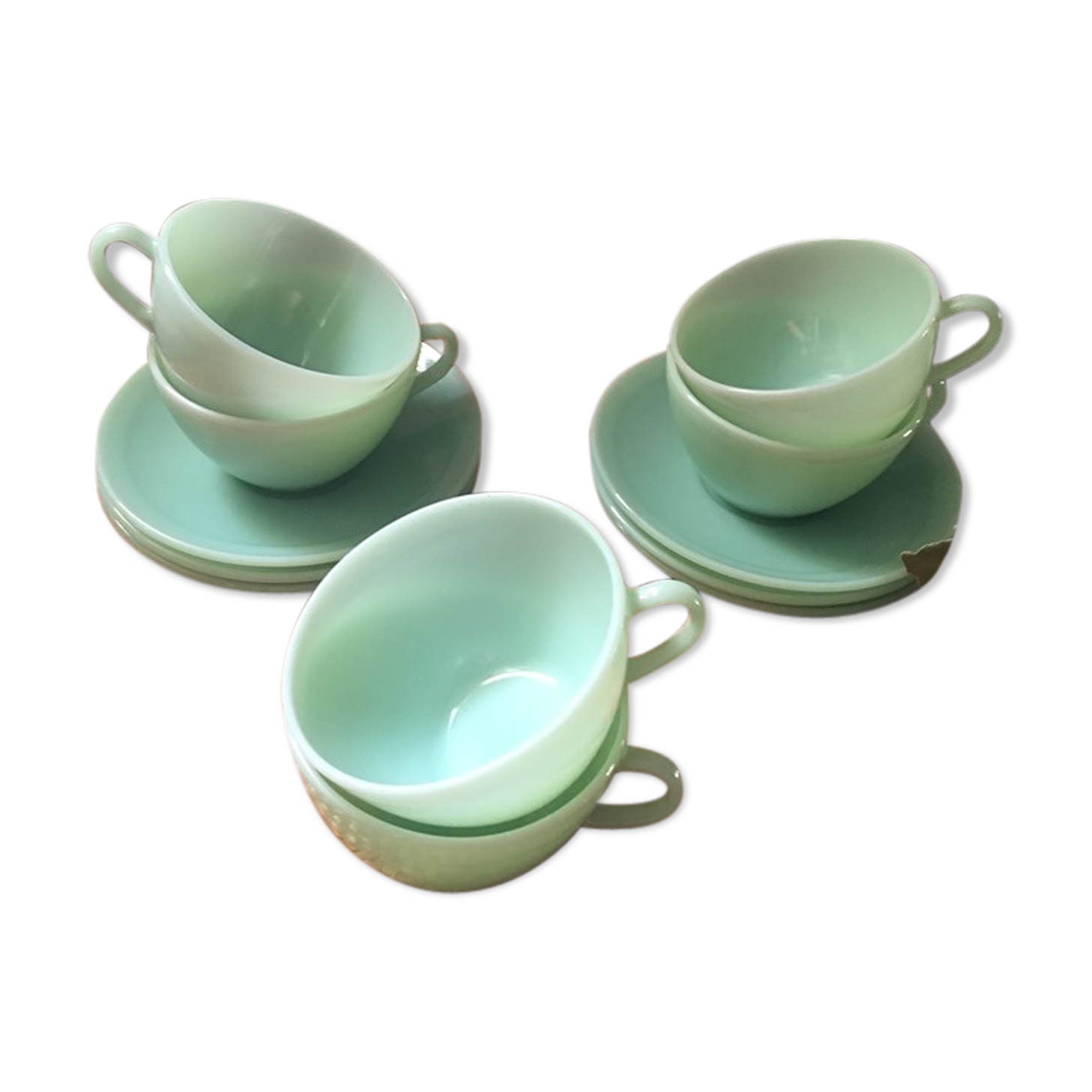 Serves six coffee cups opaline green water 60s.