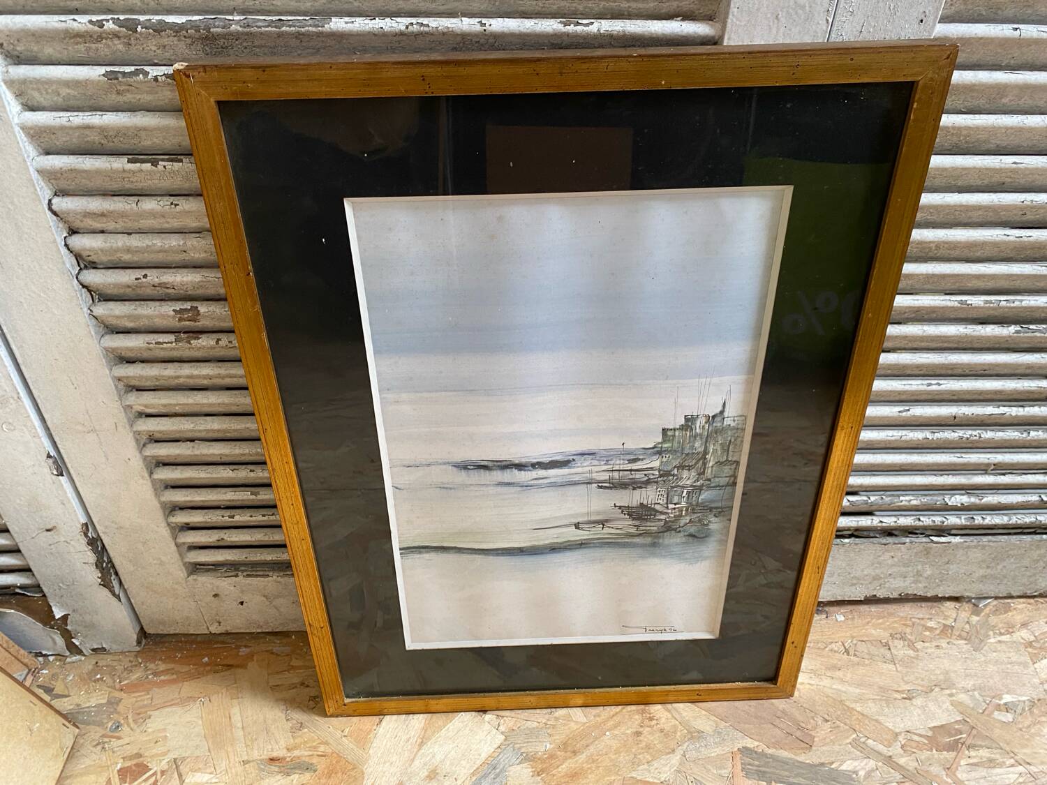 Old ink painting seaside view signed + golden wood frame