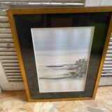 Old ink painting seaside view signed + golden wood frame
