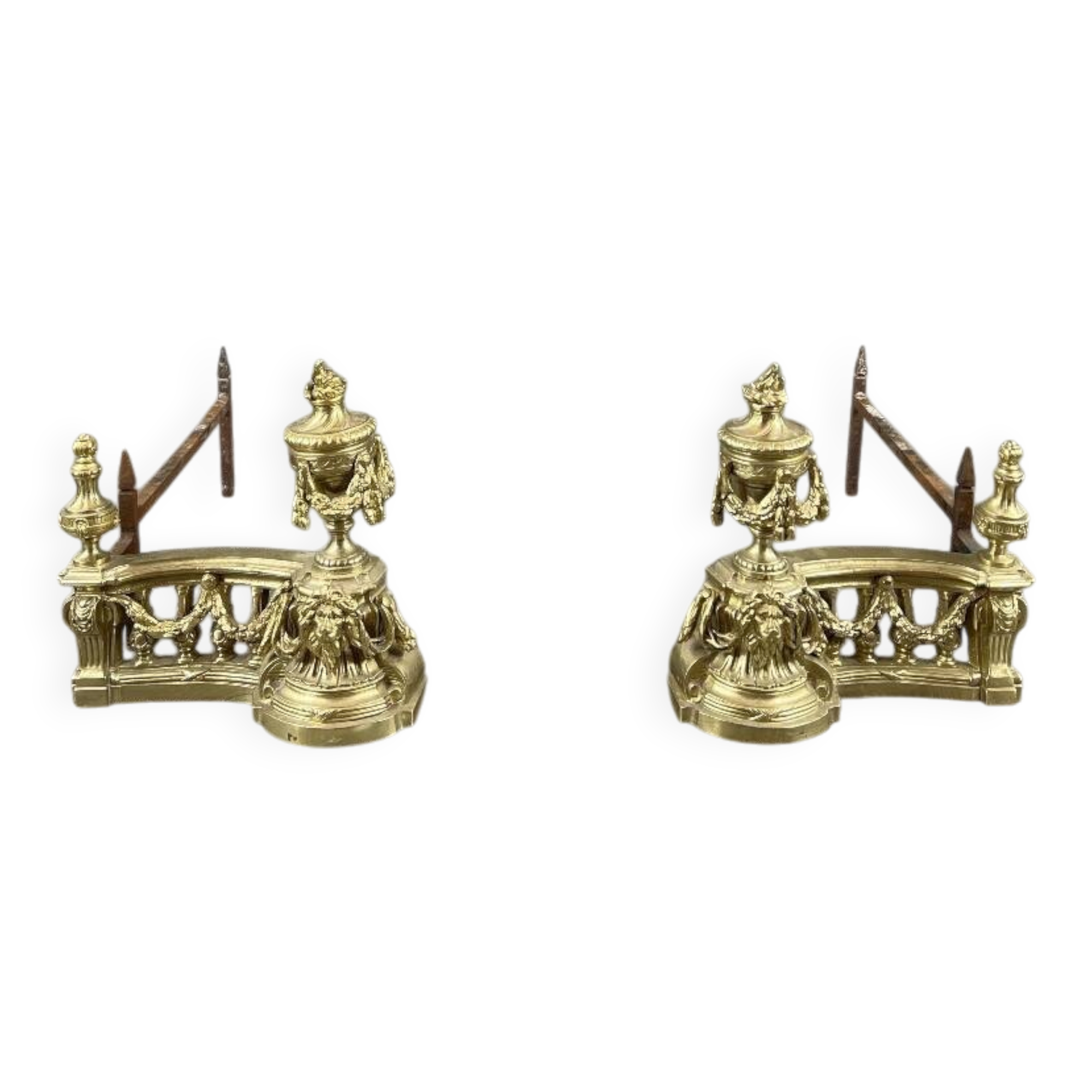 Pair of gilded bronze andirons, Louis XVI style, 20th century