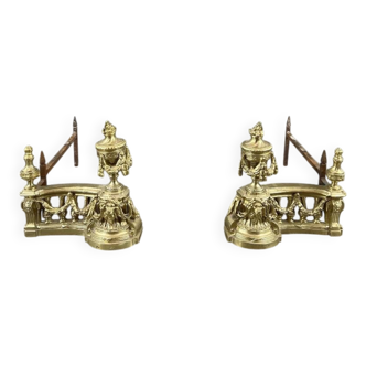 Pair of gilded bronze andirons, Louis XVI style, 20th century