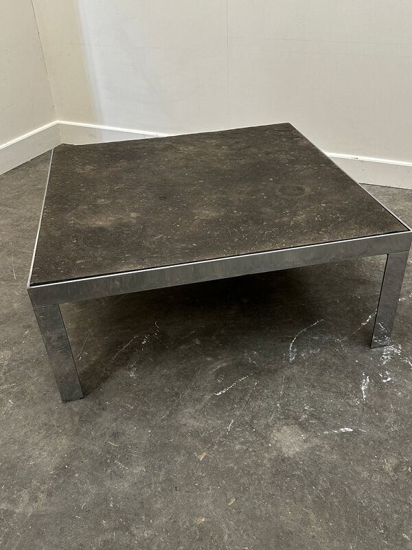 Table basse en ardoise et chrome des années 1970 avec fossile de coquillage, Allemagne des années 1970.