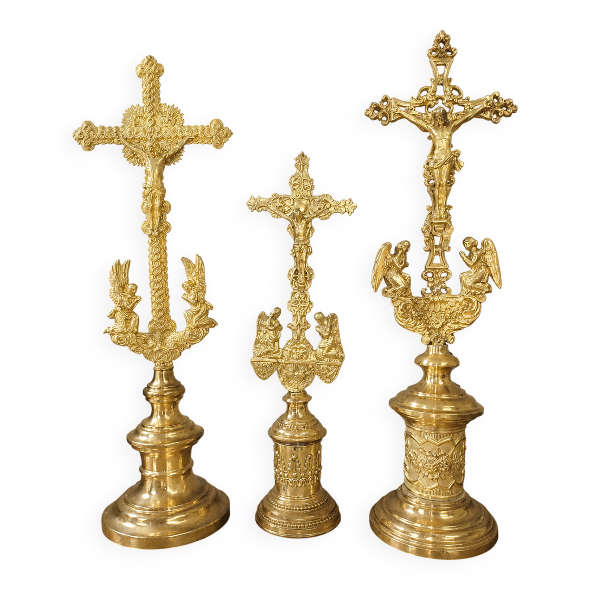 Three Gilded Bronze Altar Crosses, 19th Century