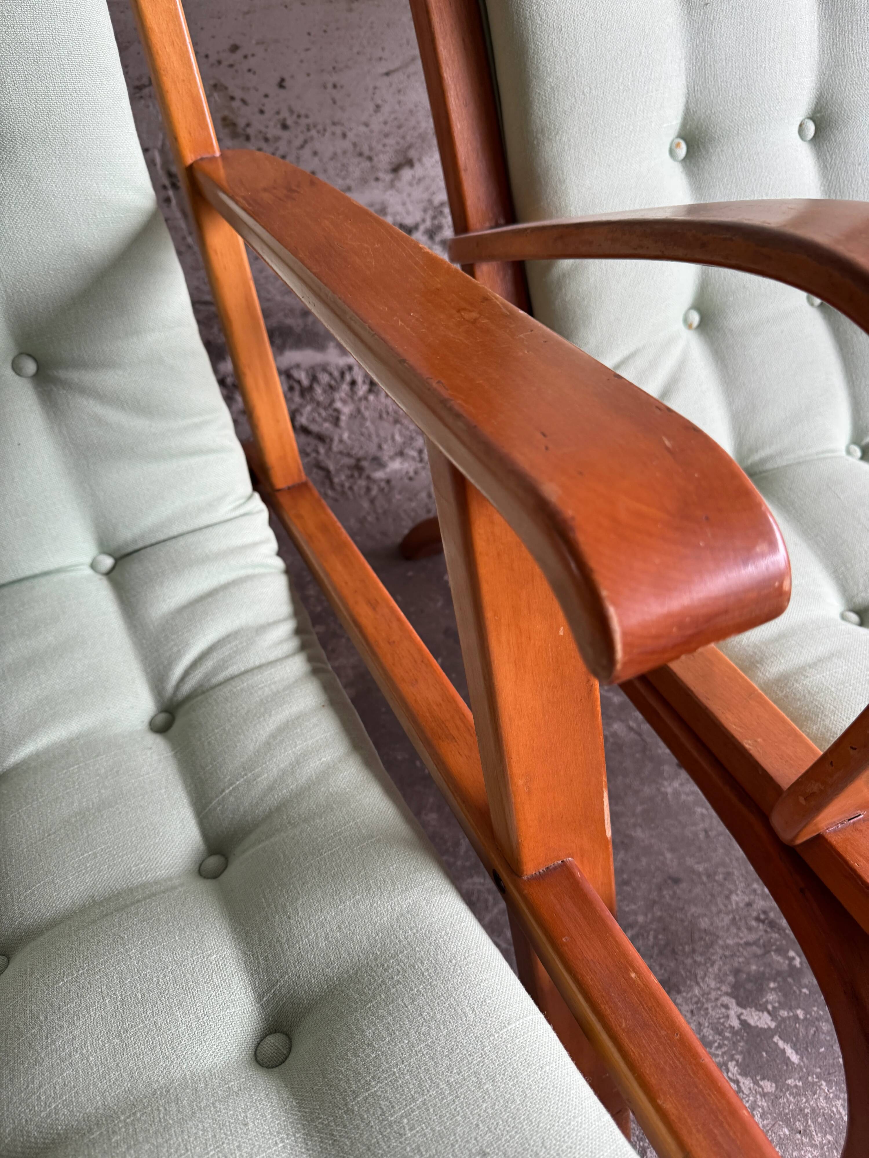 Set of 2 Vintage Mint Green Upholstered Lounge Chairs with Honey Wood Frames