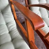 Set of 2 Vintage Mint Green Upholstered Lounge Chairs with Honey Wood Frames