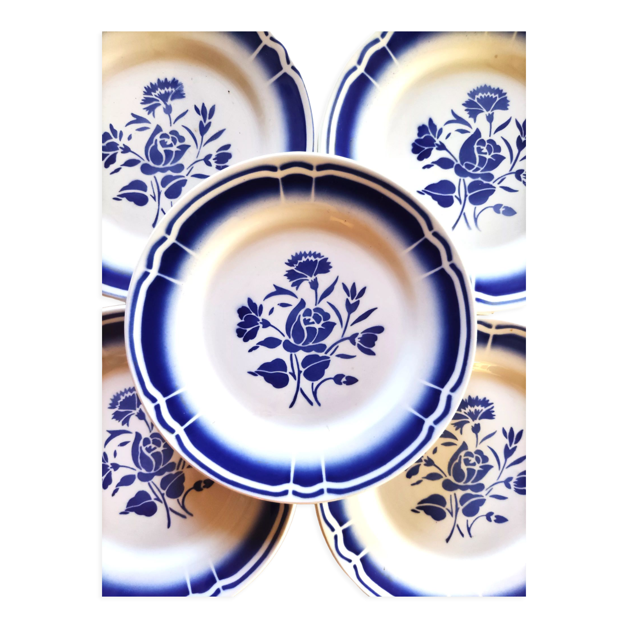 6 blue and white Badonvilliers dessert plates