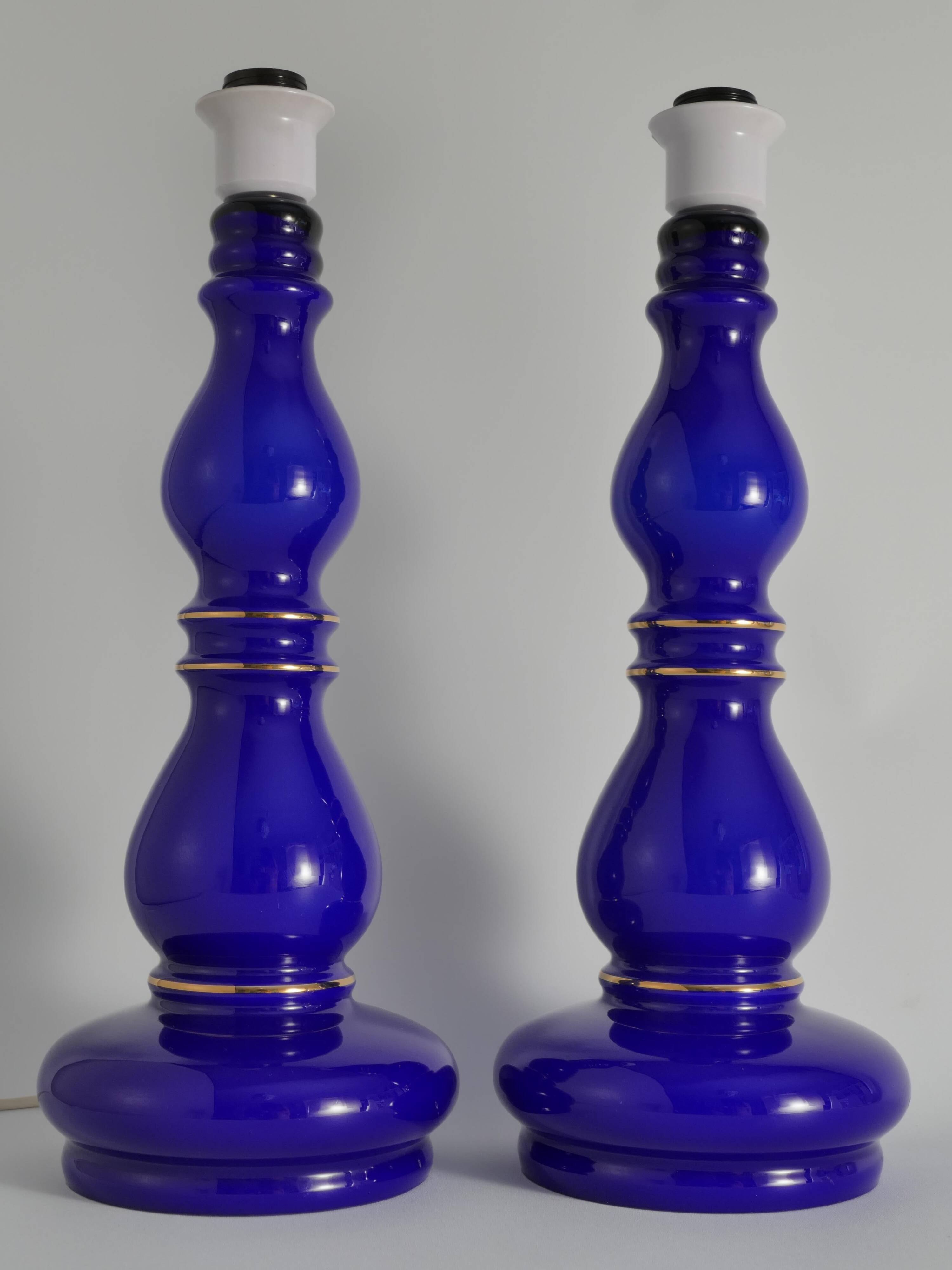 Baluster-shaped Cobalt Blue Glass Table Lamps, Rosdala Glassworks 1960, Set of 2