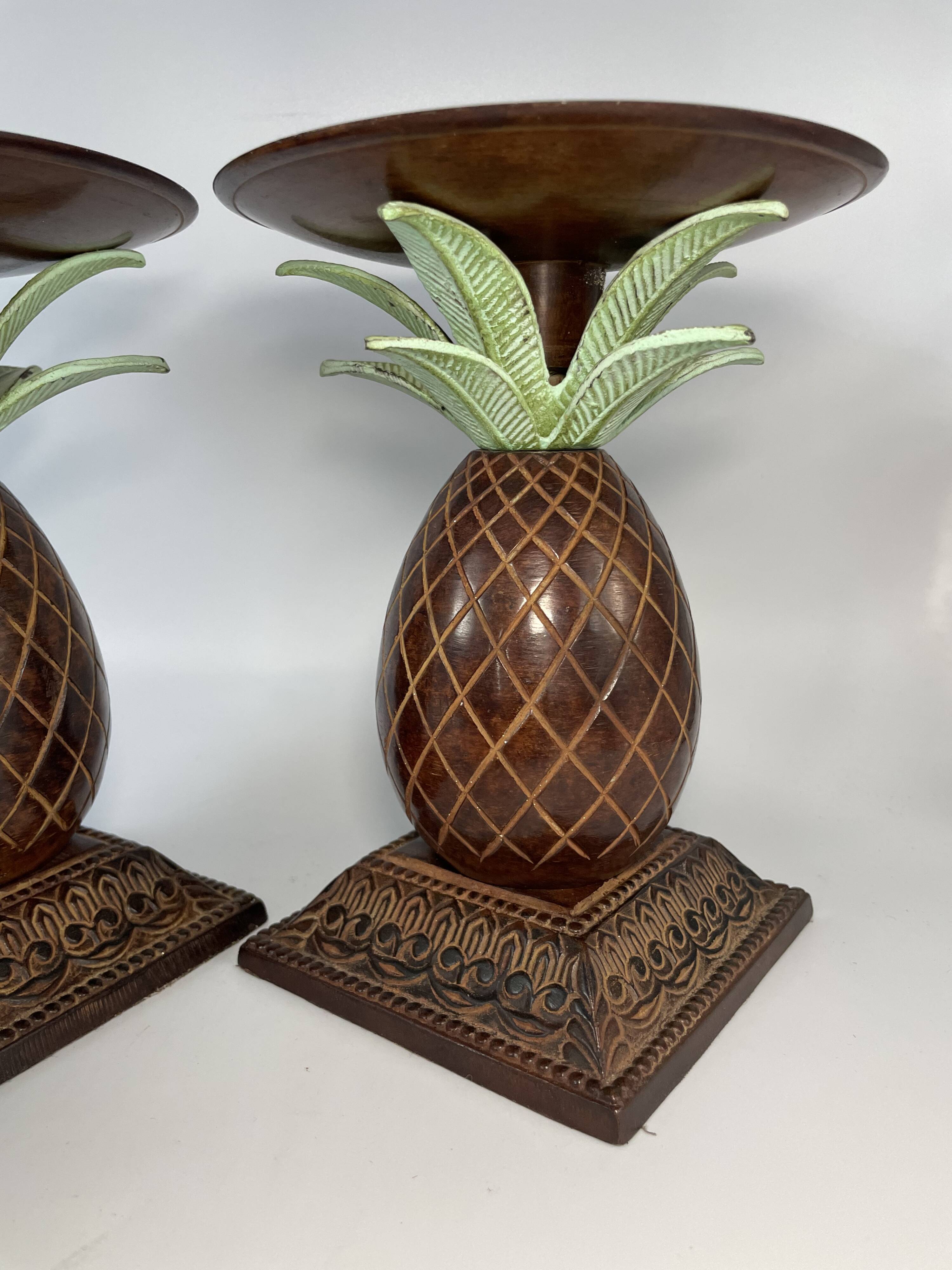 Pair of vintage bronze pineapple candlesticks